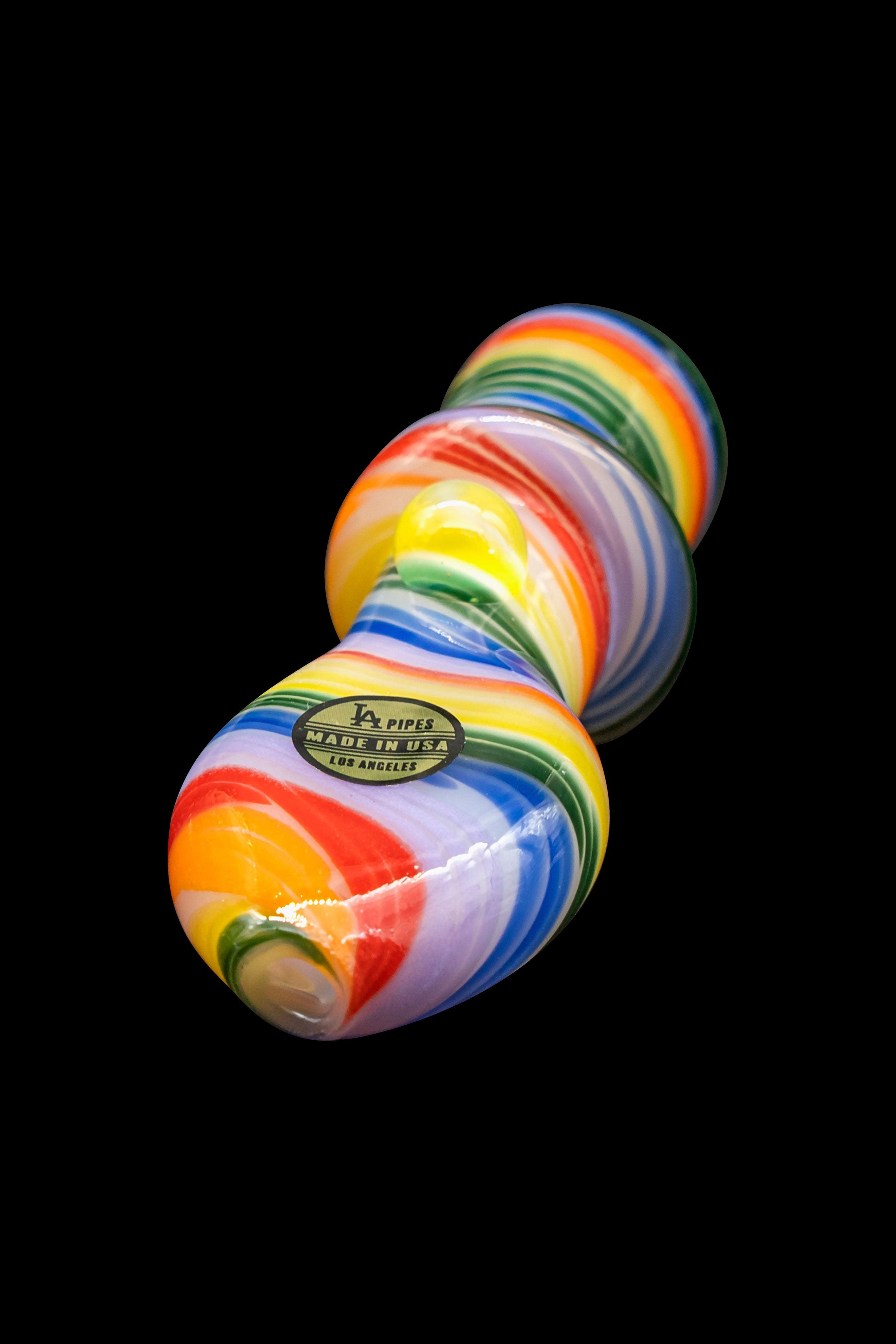 Colorful glass pipe with "LA Pipes - Made in USA - Los Angeles" branding.