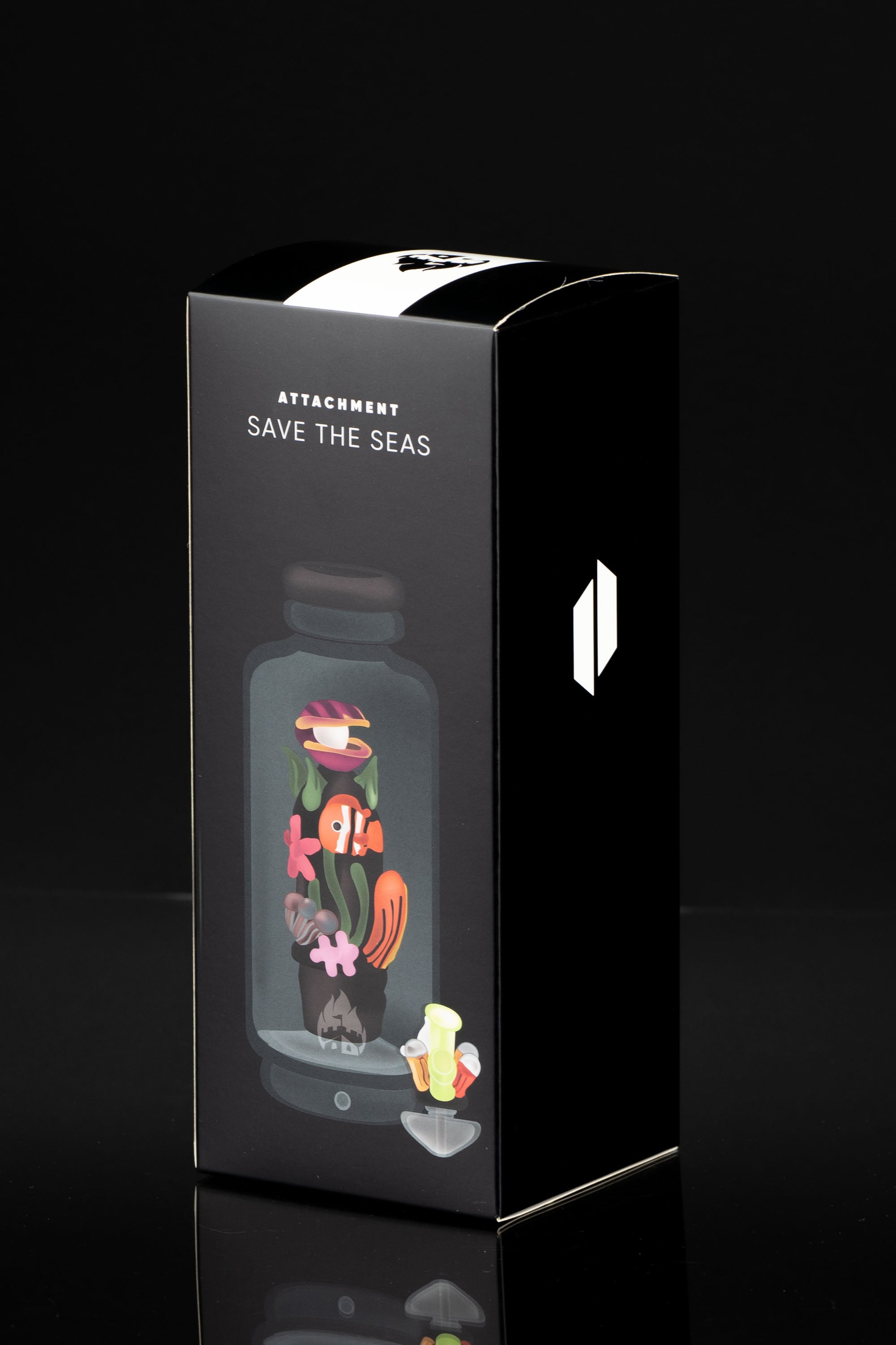 Black box with illustrated ocean life and “Attachment: Save the Seas” text, likely packaging for a cannabis accessory.