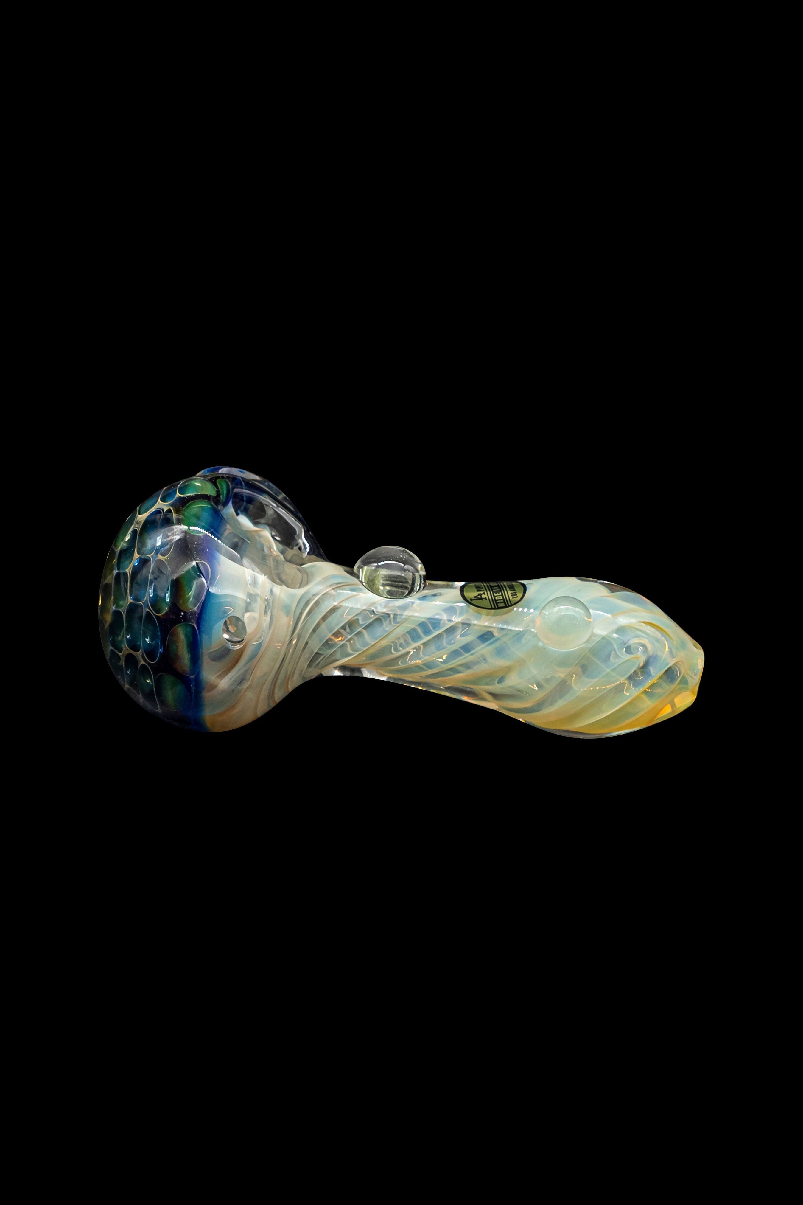 Hand-blown glass pipe with iridescent swirls and textured bowl.
