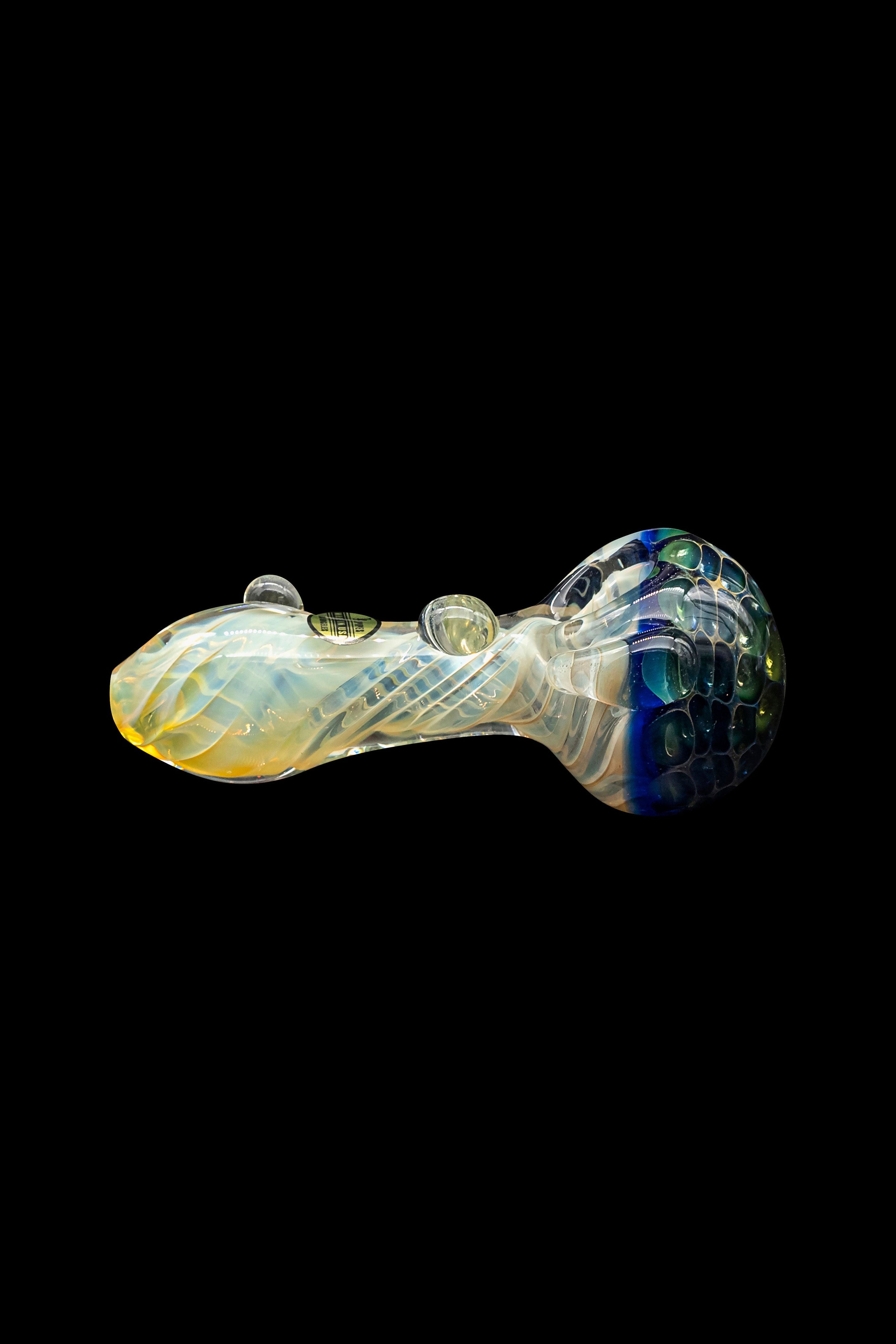 Hand-blown glass pipe with iridescent swirls and blue accents, isolated on a black background.