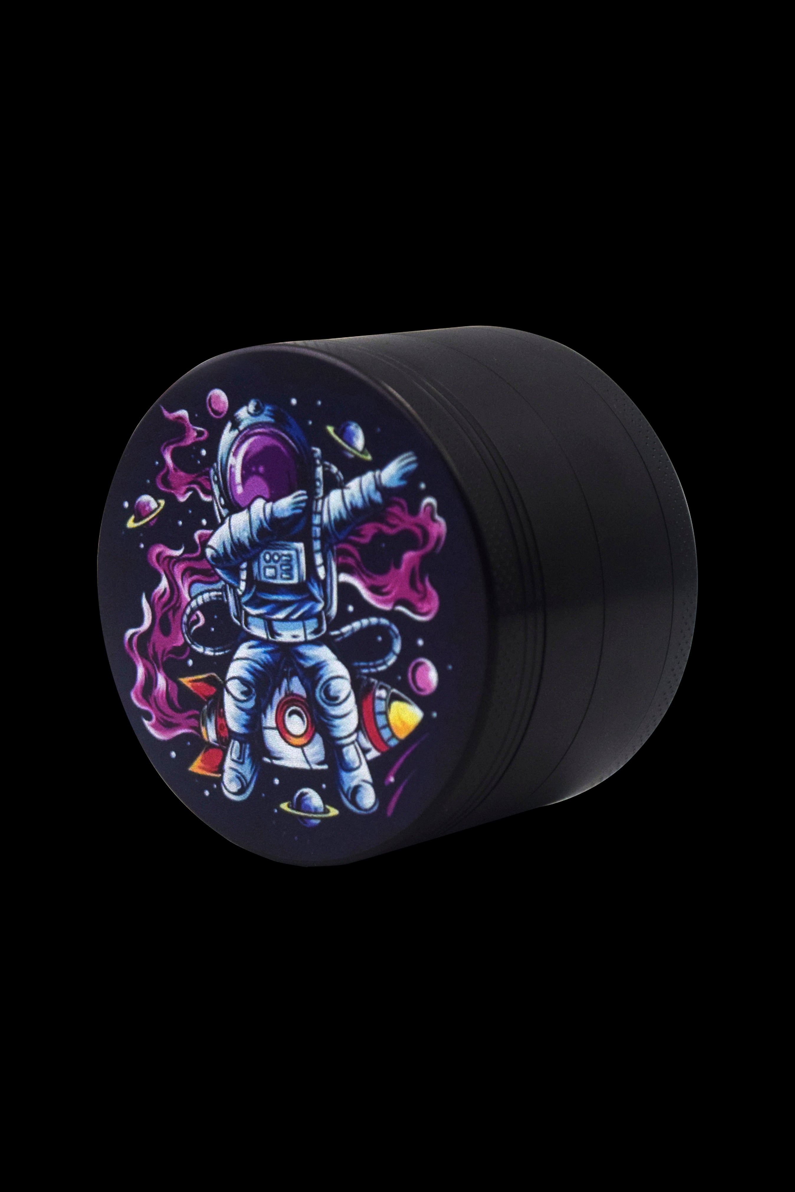 Cannabis storage container featuring a colorful astronaut and space-themed design.