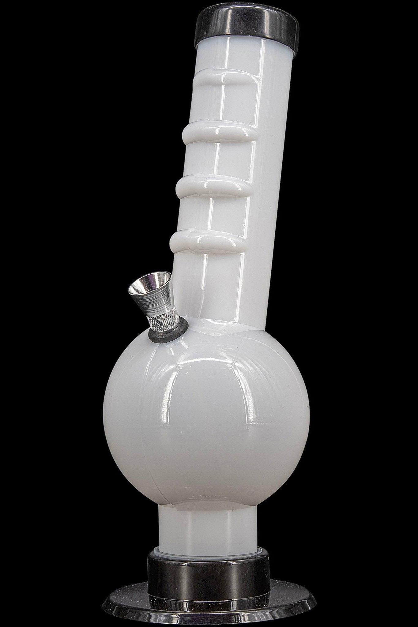 White acrylic water pipe (bong) with a flared base and metal accents.