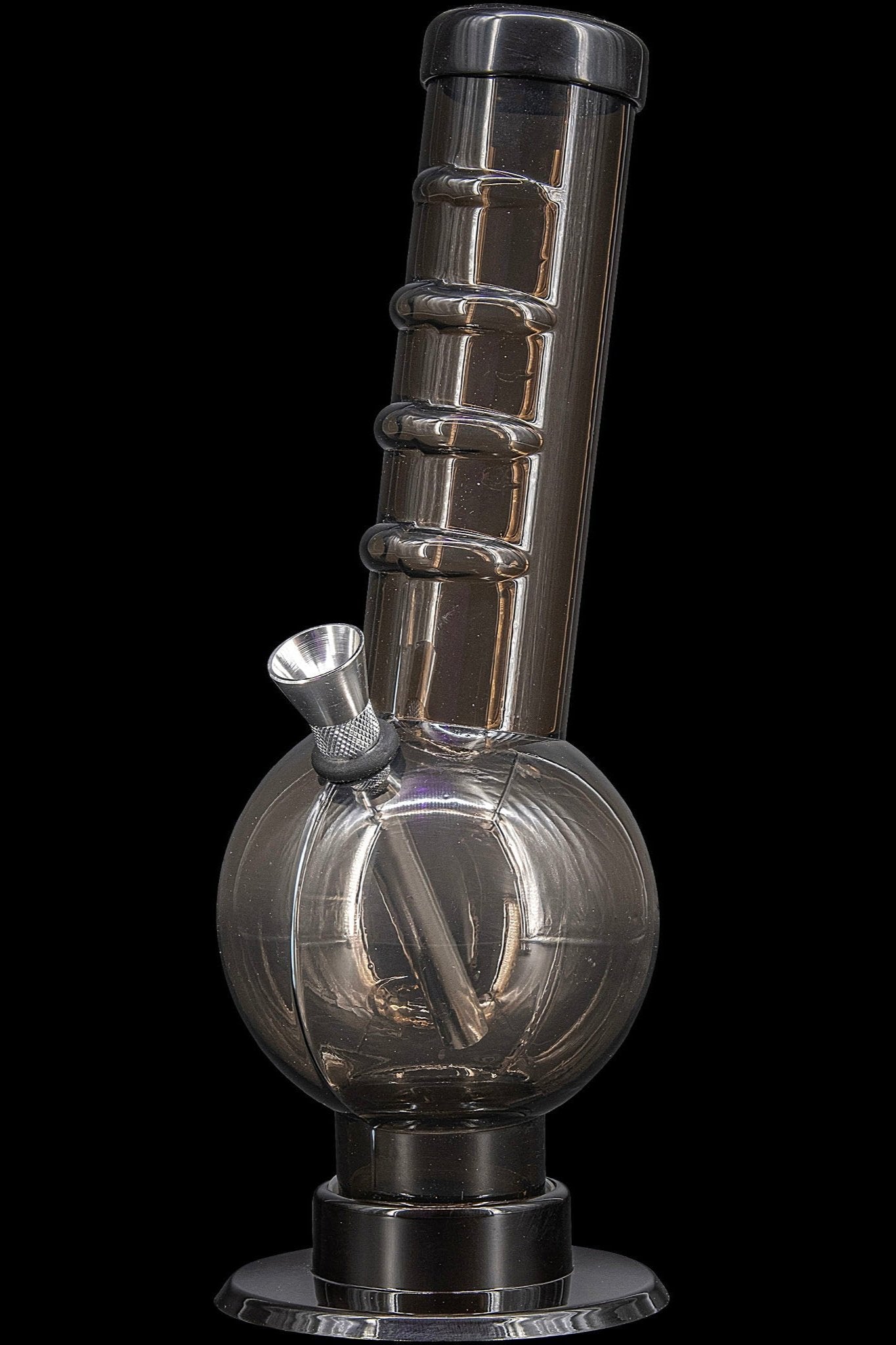 Black glass water pipe, also known as a bong, with a spherical base.