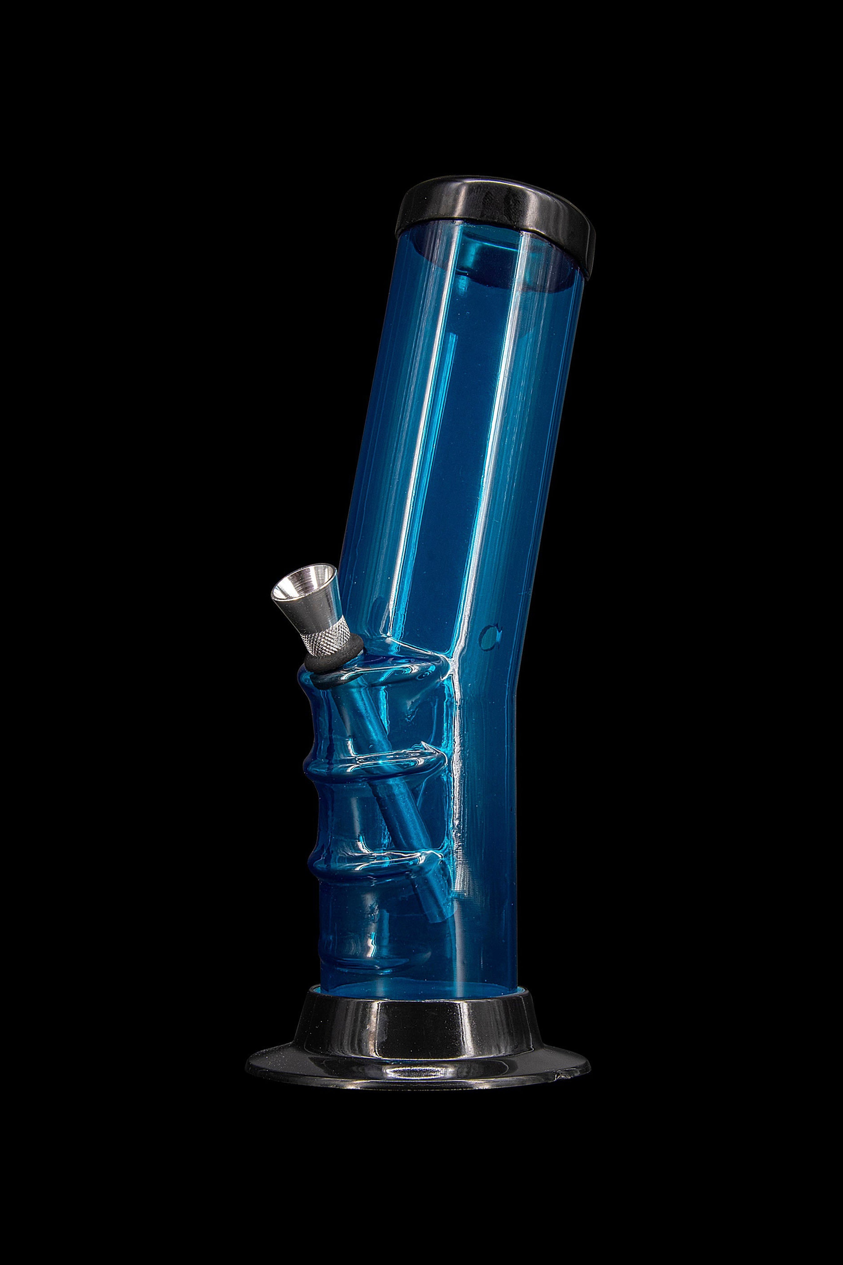 Blue glass water pipe isolated on a black background.