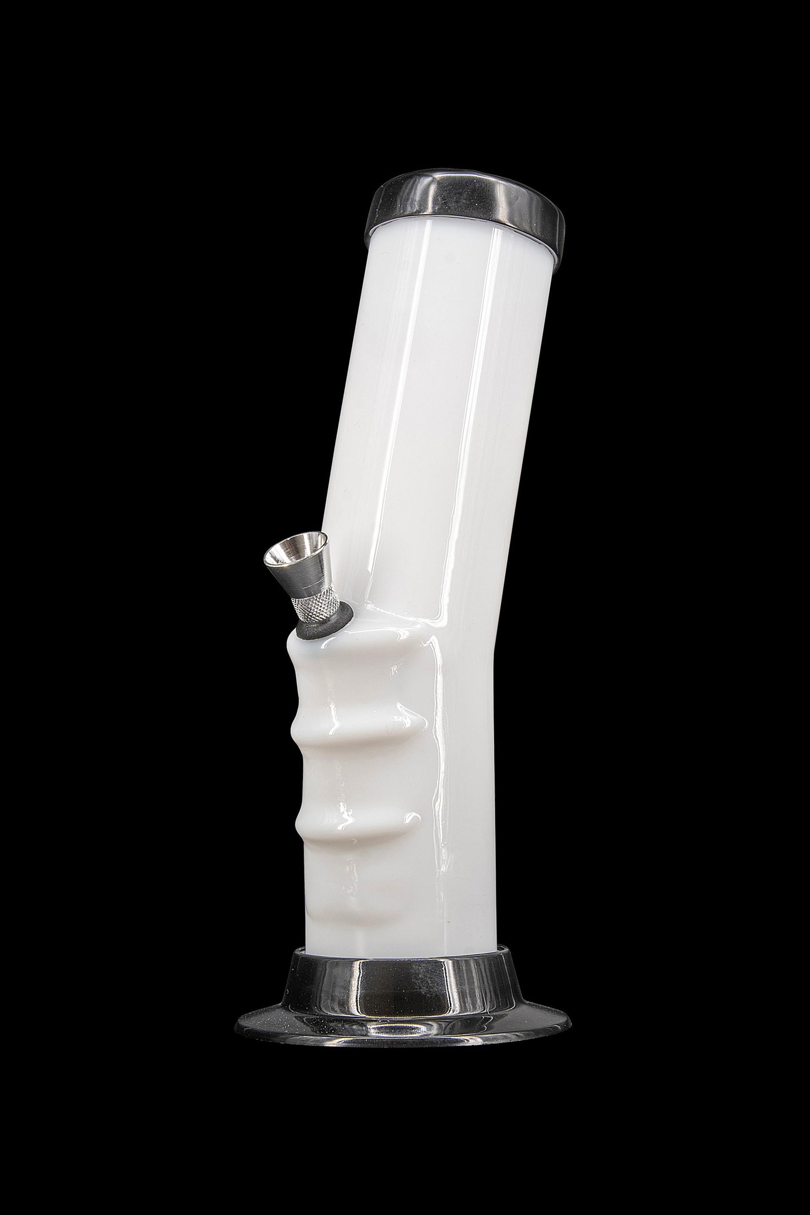 White glass water pipe with a metal downstem, isolated on a black background.