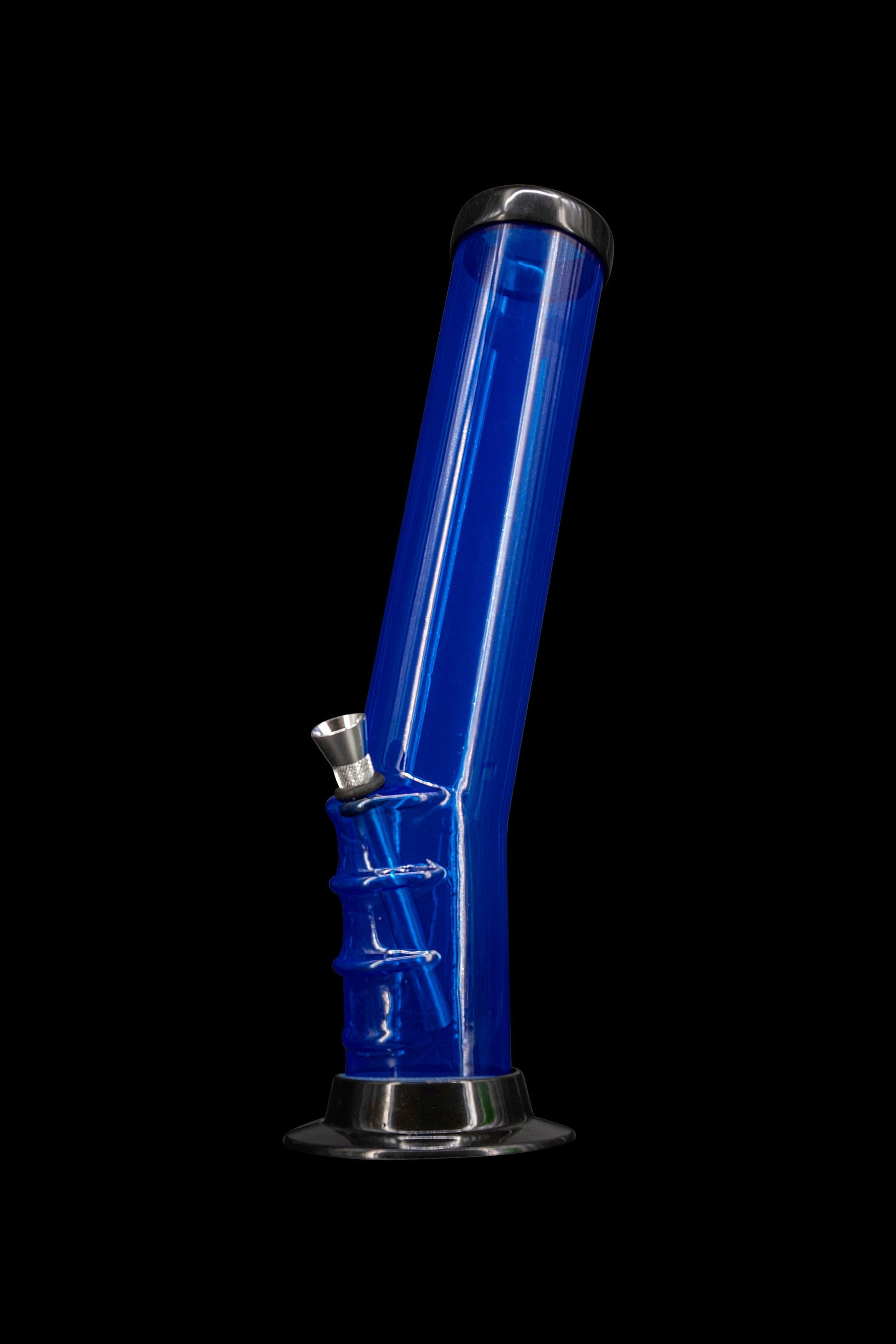 Blue glass water pipe with metal accents, isolated on a black background.