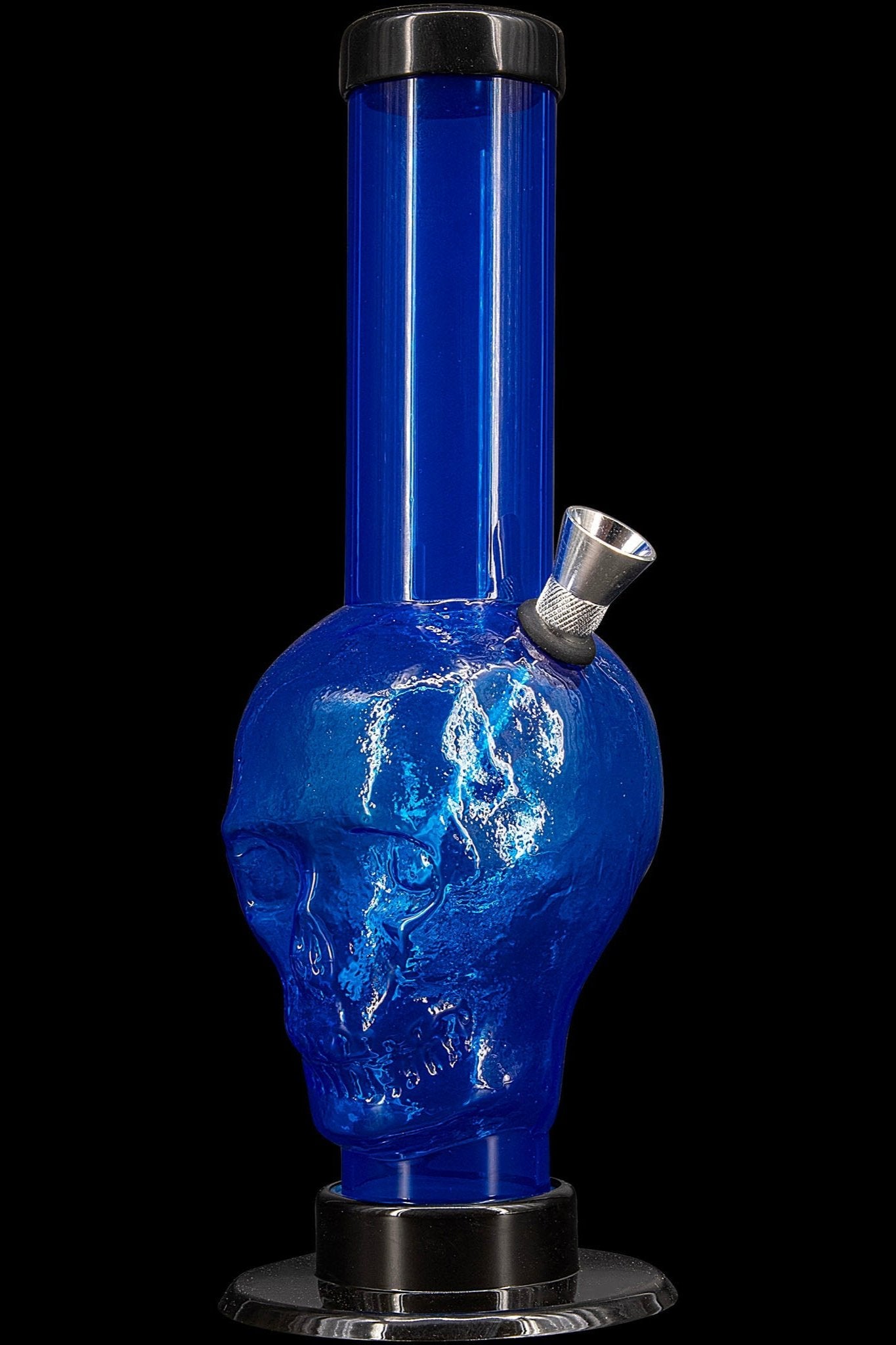 Blue glass water pipe shaped like a skull.