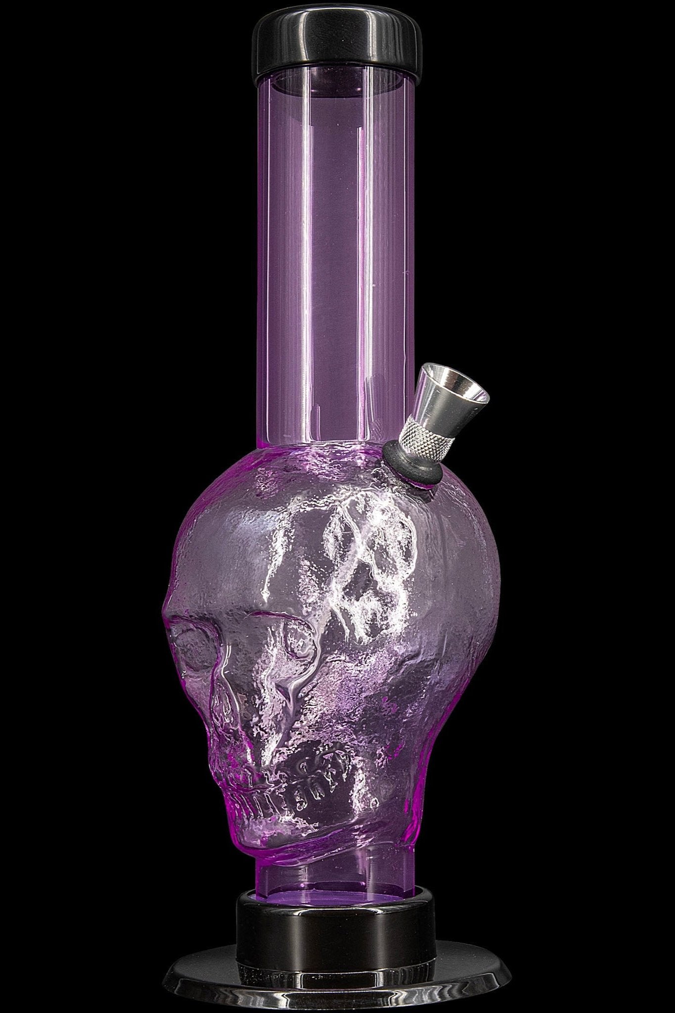 Purple glass water pipe shaped like a skull, with a metal downstem.