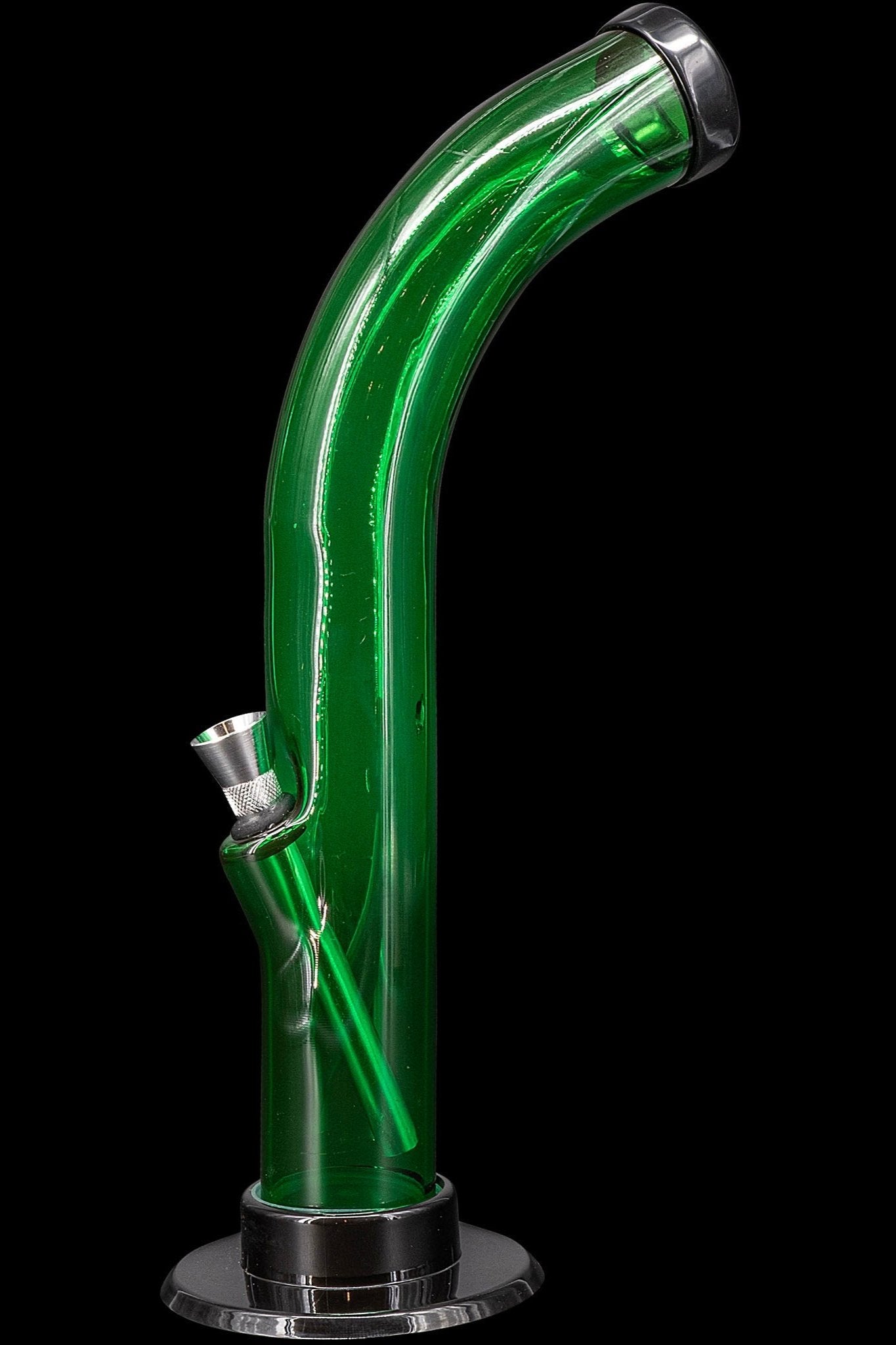 Green glass water pipe (bong) with black accents on a black base.