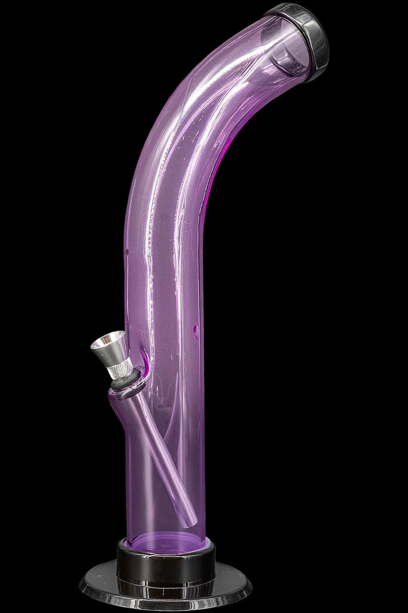 Purple glass water pipe (bong) on a black base.