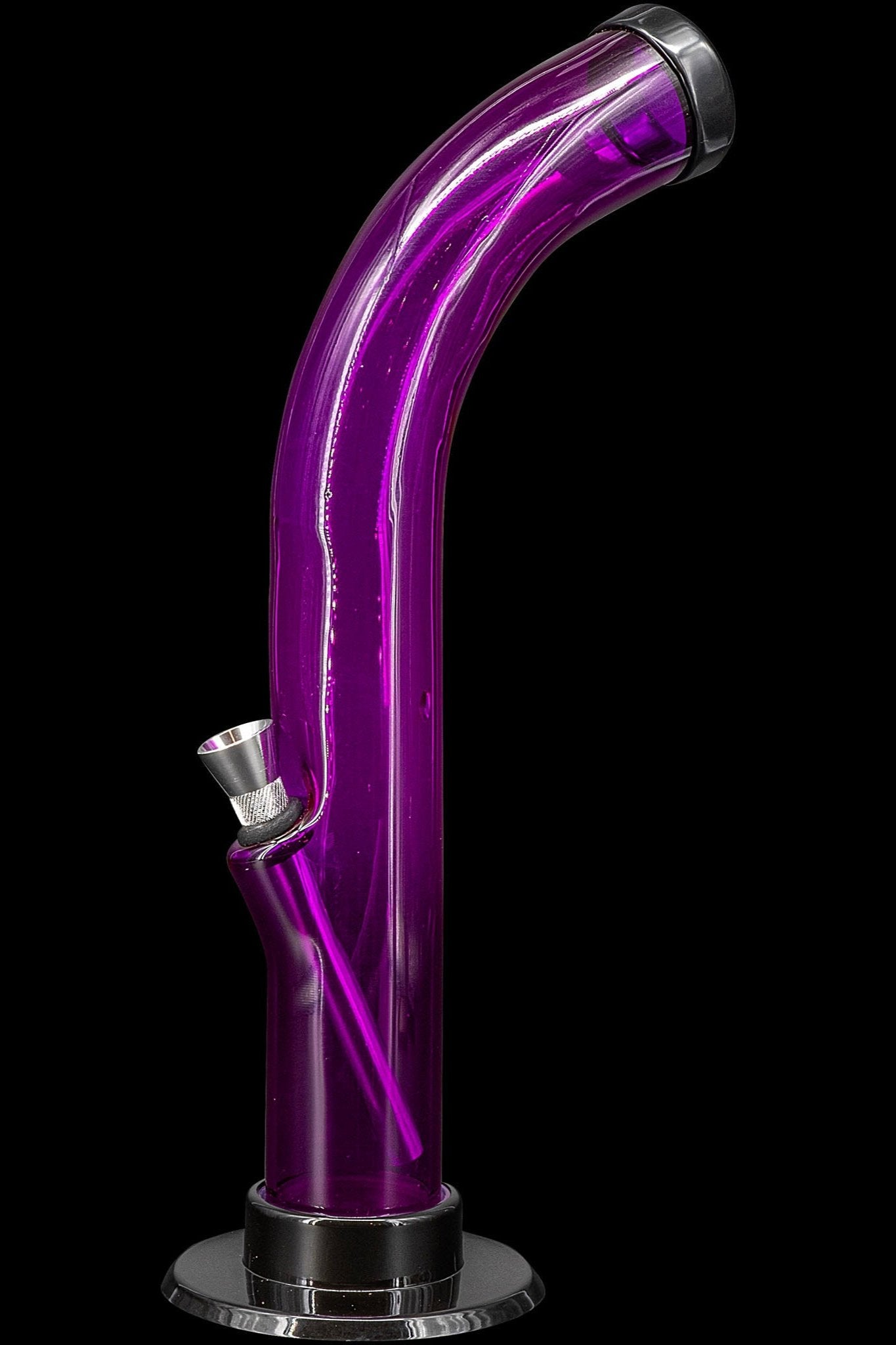 Purple glass water pipe with a flared neck and circular base, isolated on black.