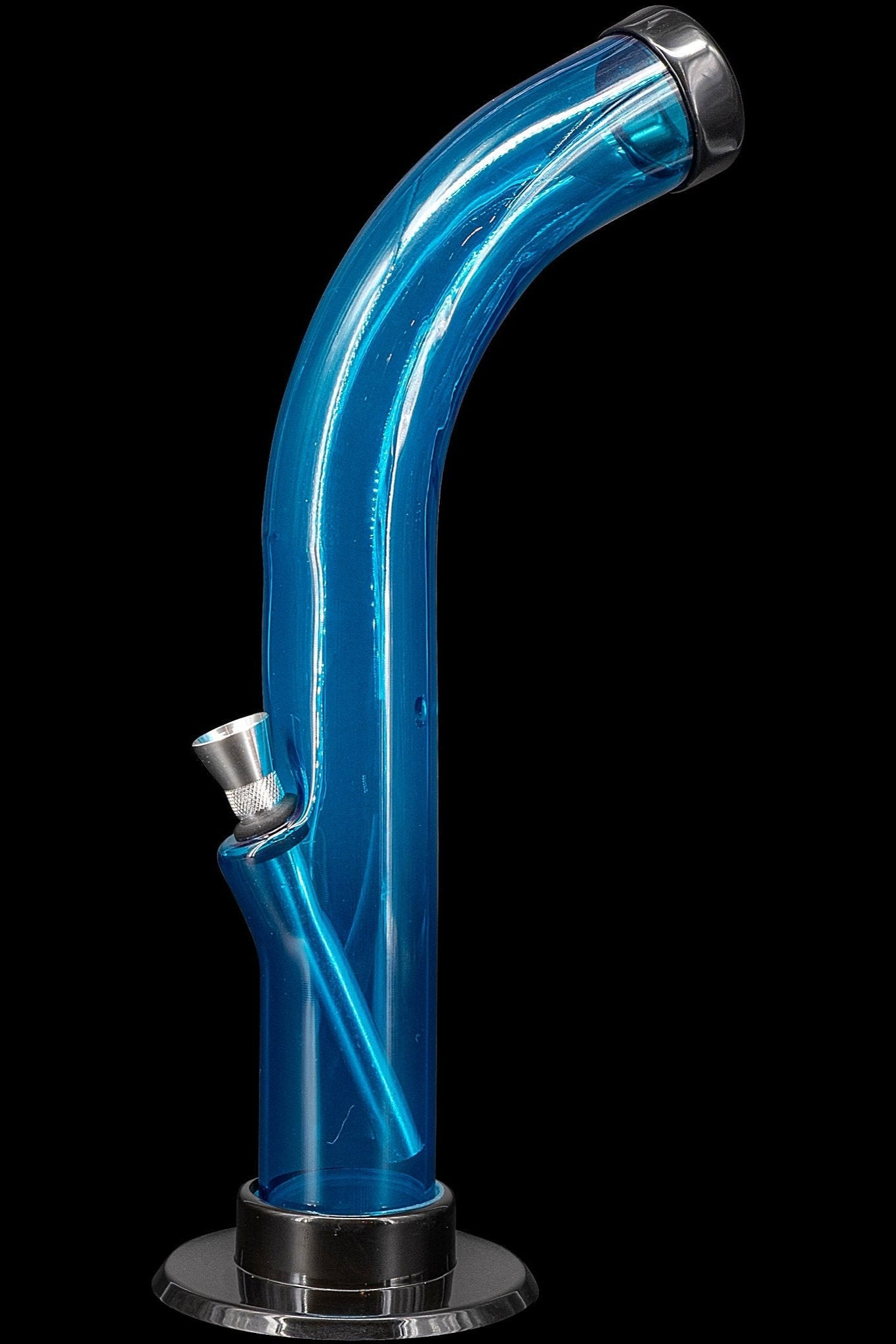 Blue glass water pipe with intricate internal swirling design.