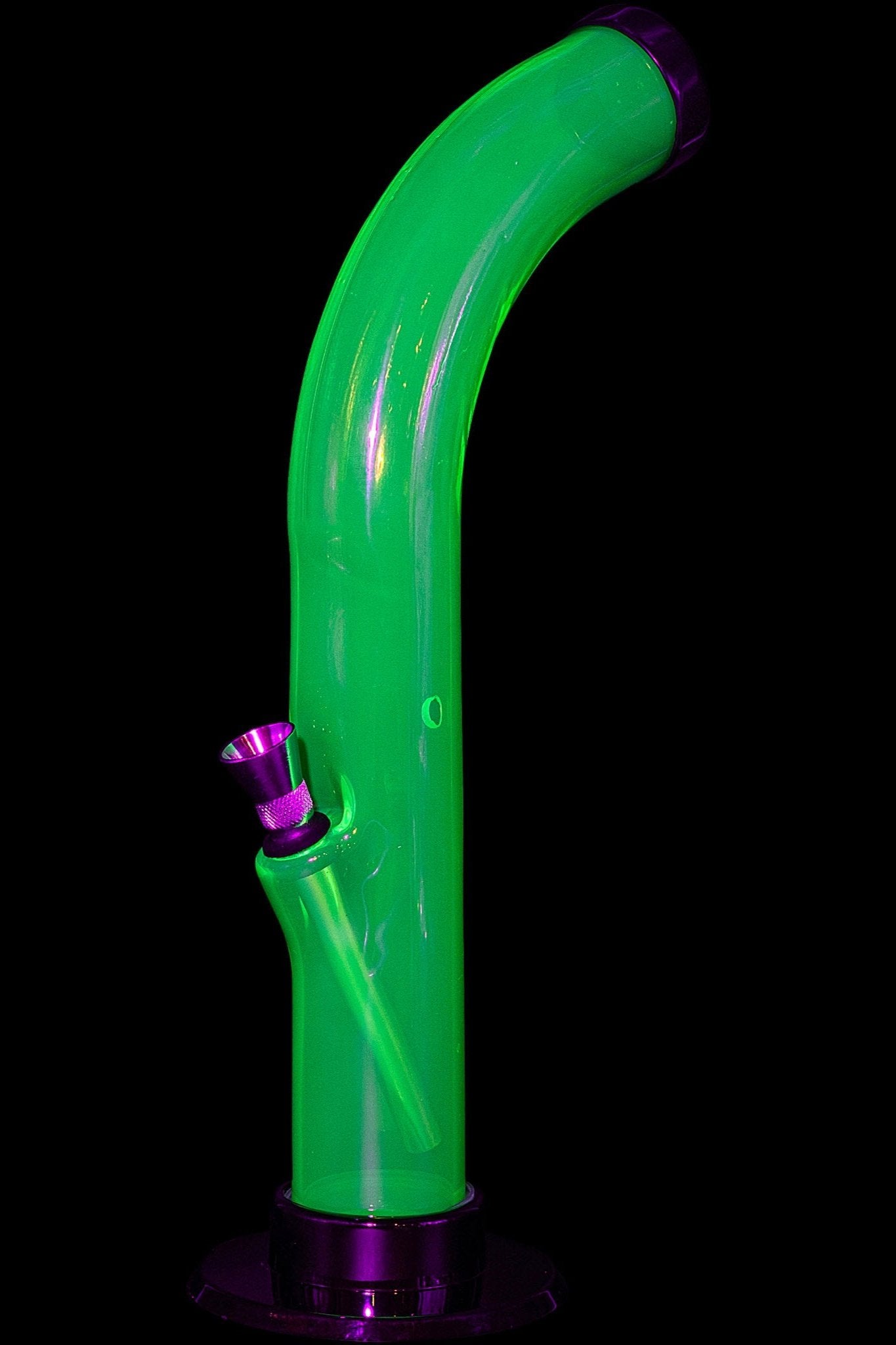 Green glass bong with purple accents, isolated on black.