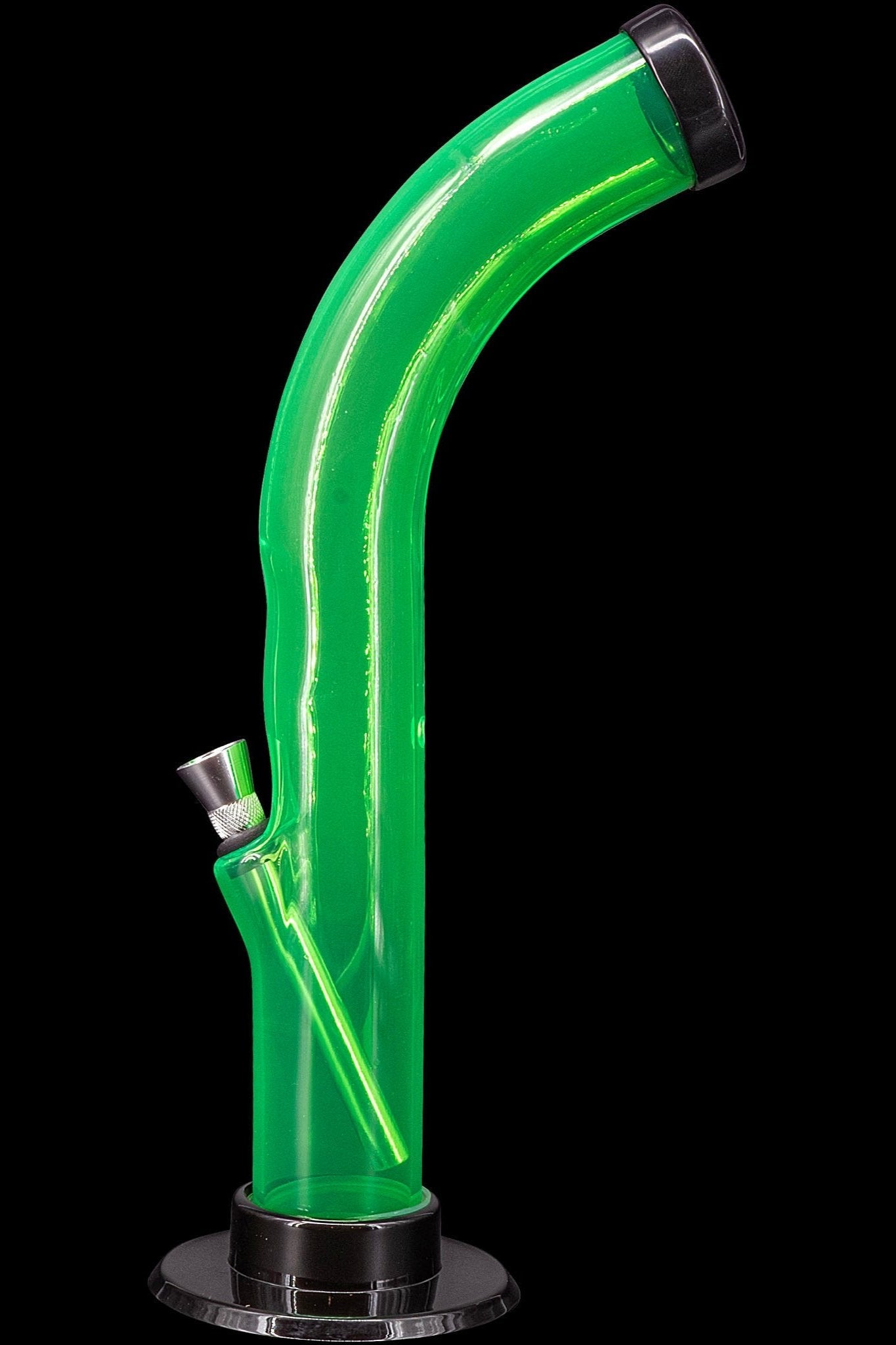 Green glass bong with a black base, studio shot.