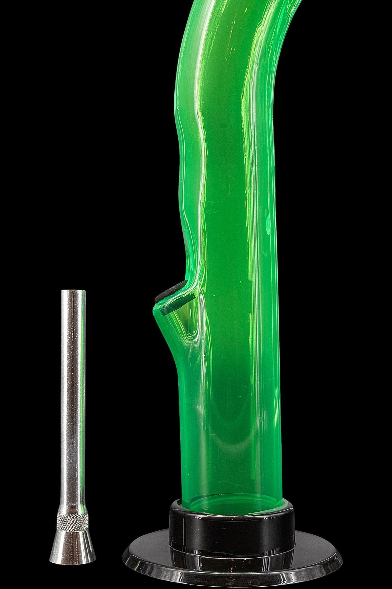 Green glass bubbler with metal downstem, isolated on black.