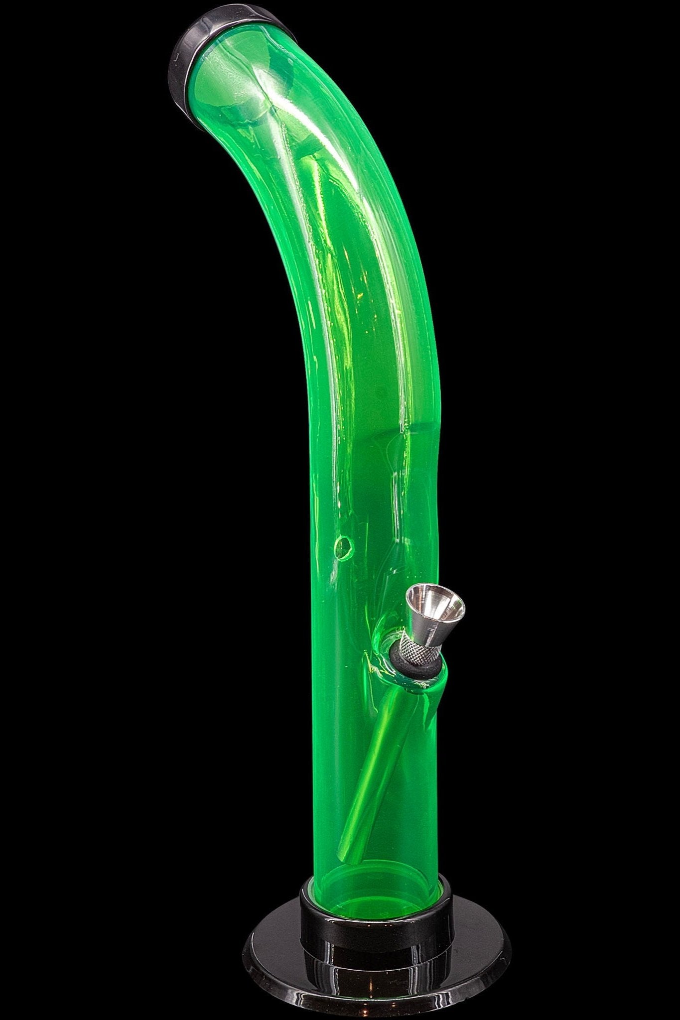 Green glass water pipe with a flared neck and black base.