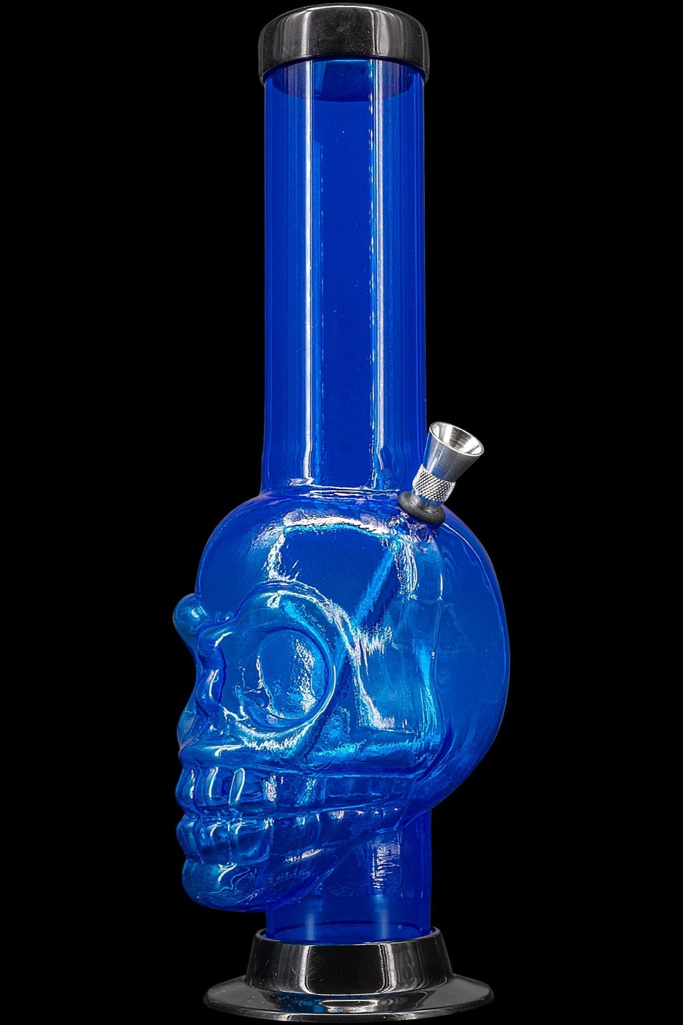 Blue glass water pipe shaped like a skull.