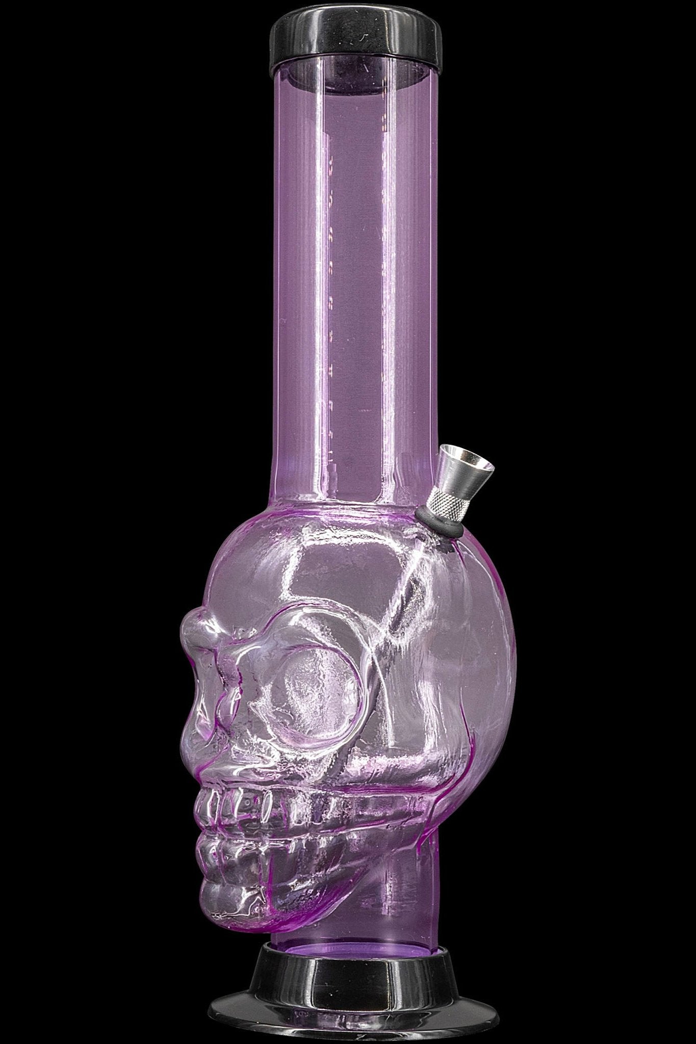 Purple glass water pipe shaped like a skull.
