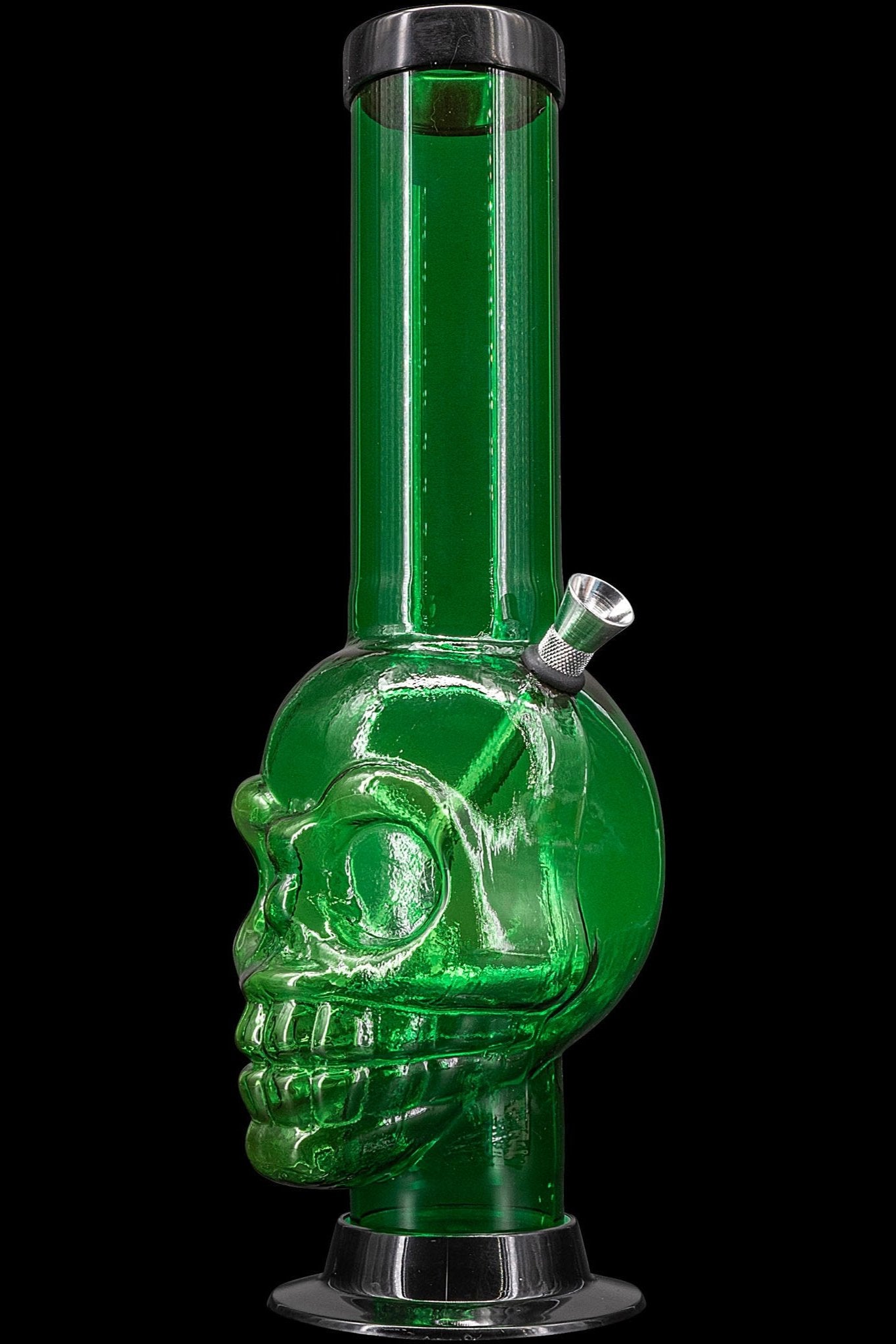 Green glass water pipe shaped like a skull.