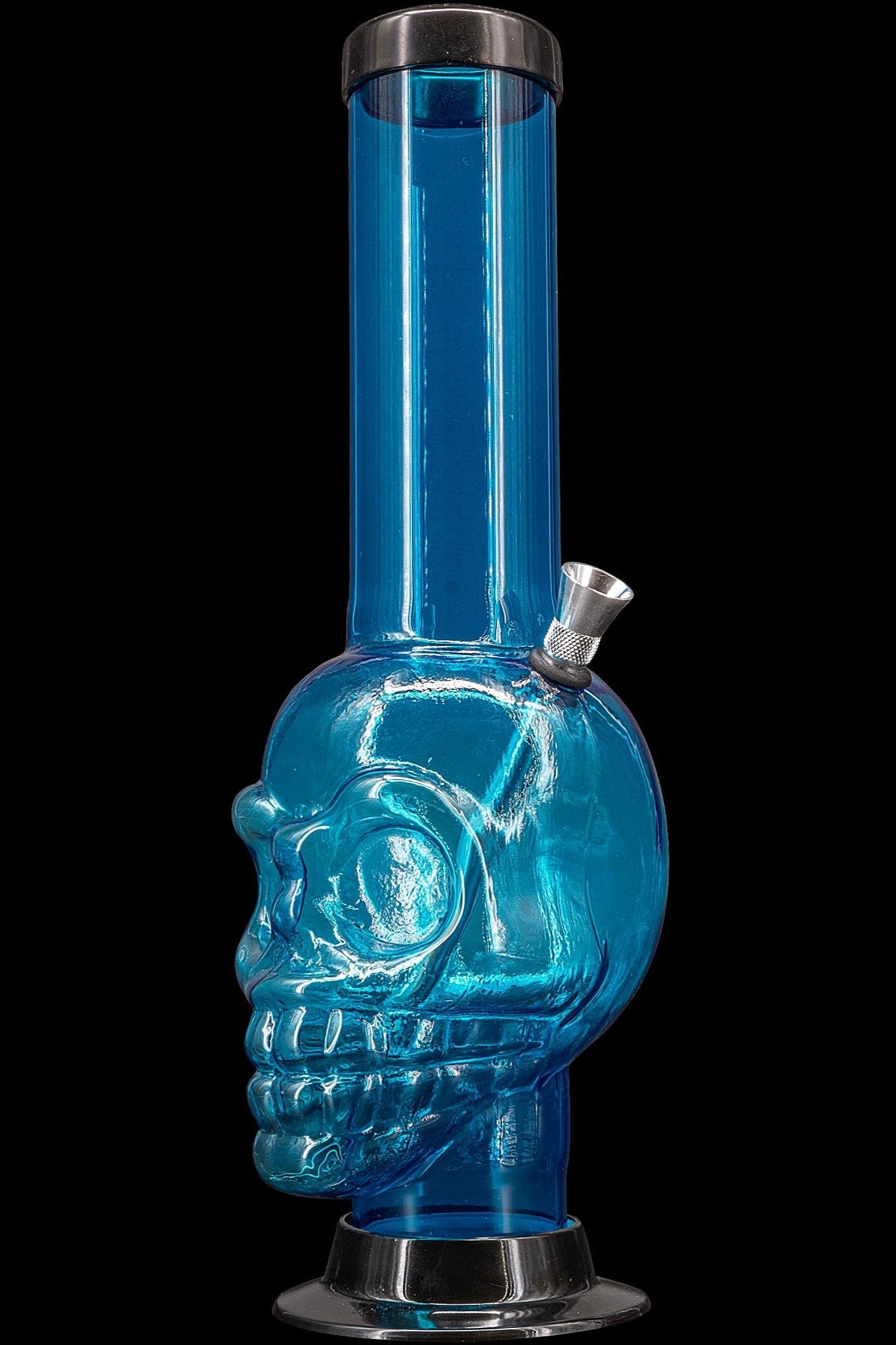 Blue glass water pipe shaped like a skull.