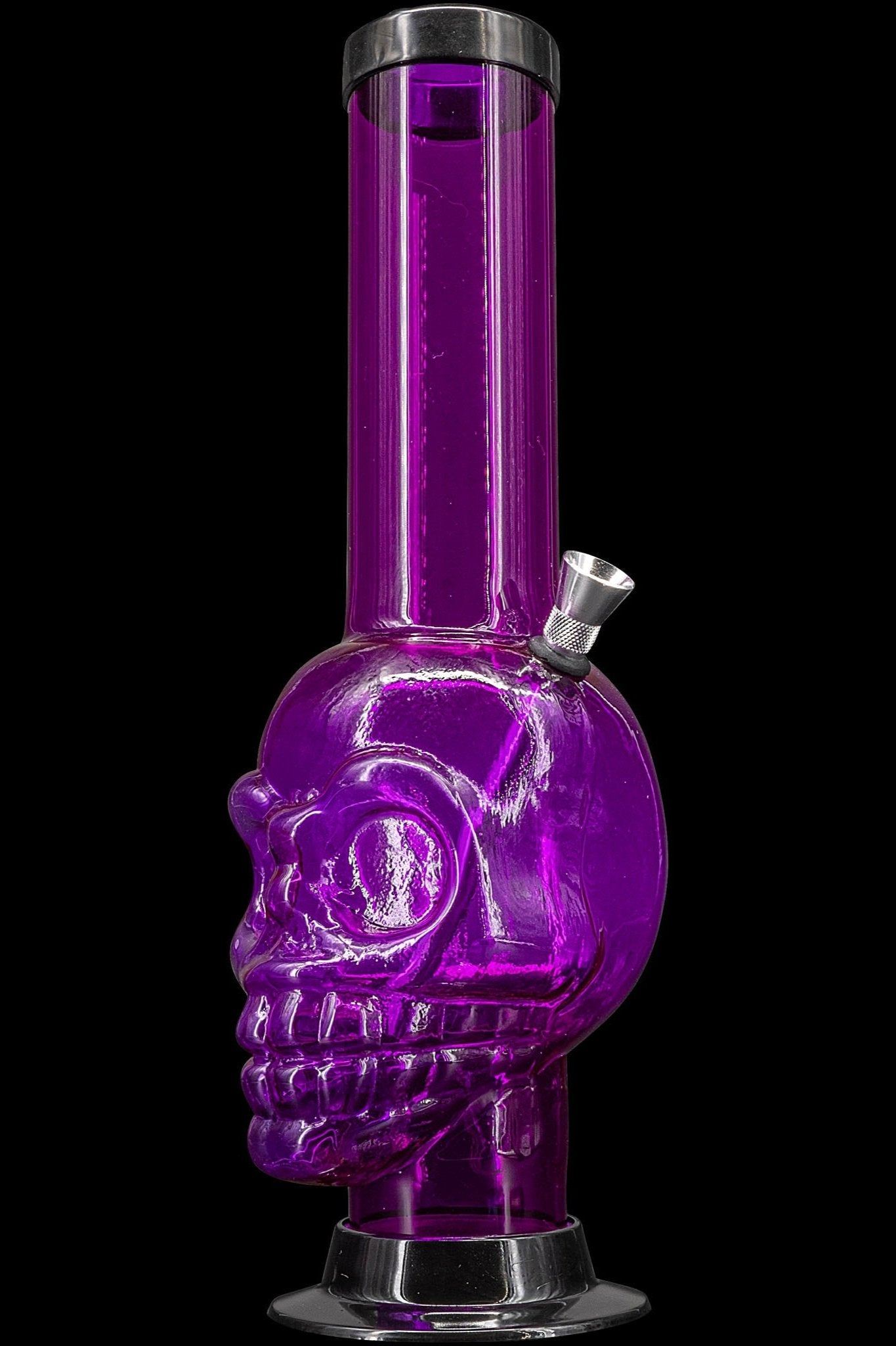 Purple glass bong shaped like a skull.
