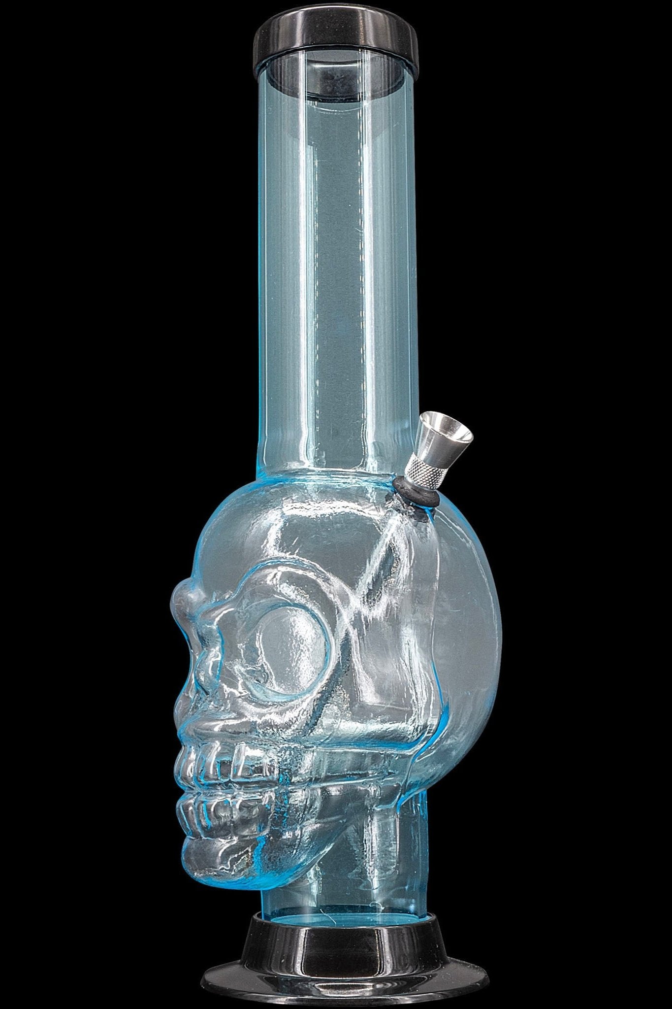 Glass water pipe shaped like a skull with blue highlights.