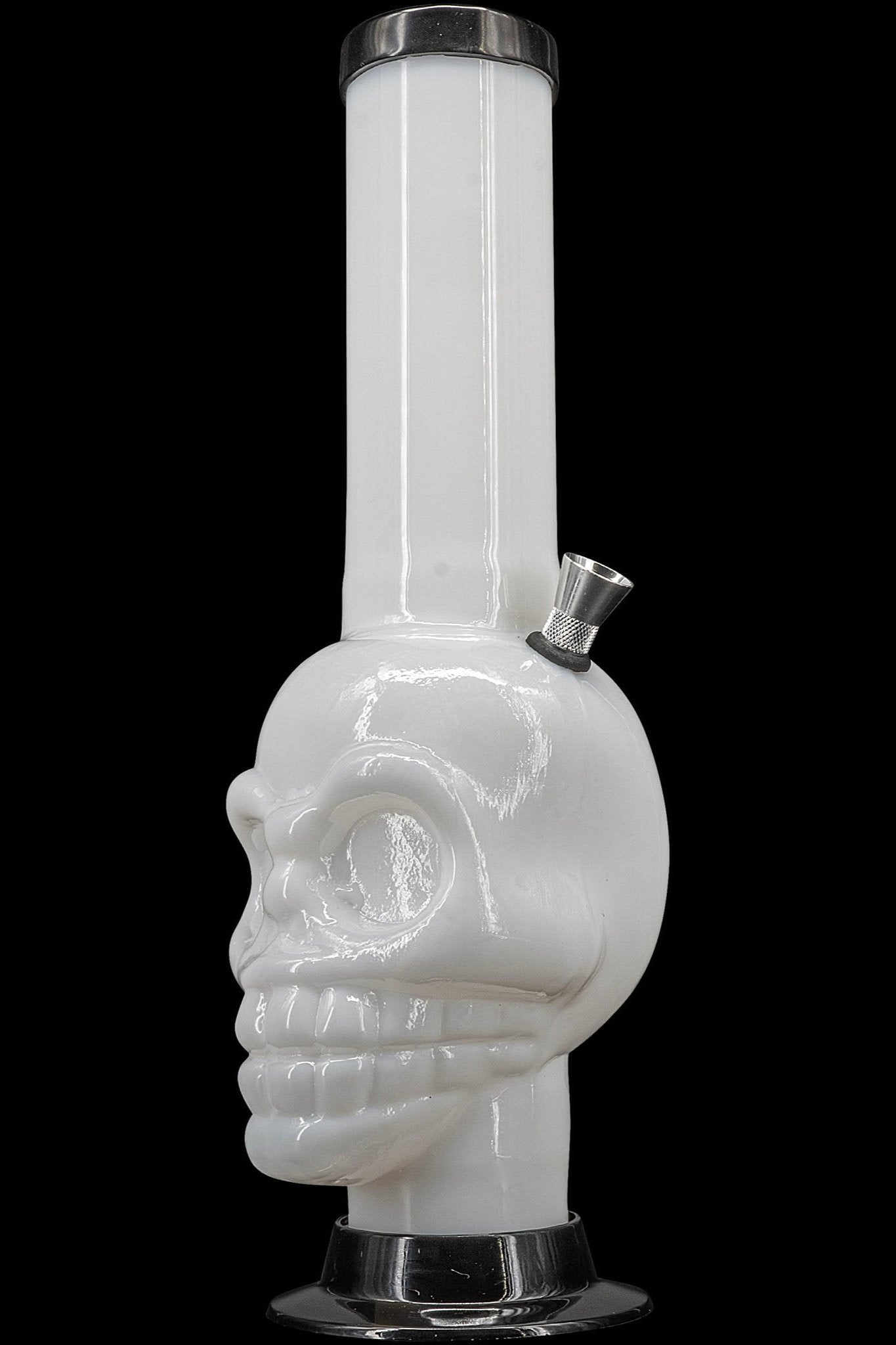 Frosted glass water pipe shaped like a clenched fist with a metallic mouthpiece, isolated on a black background.