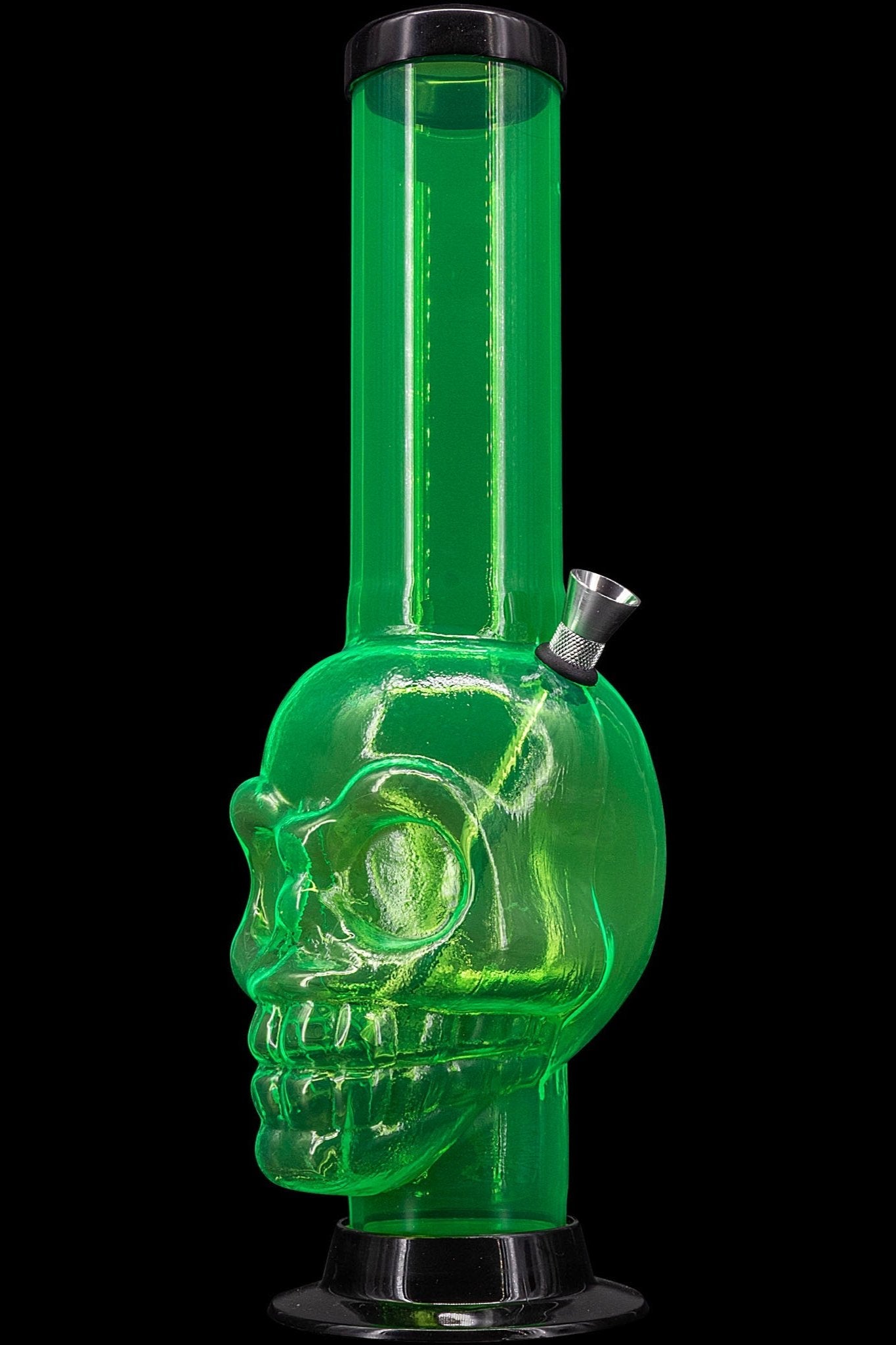 Green glass water pipe shaped like a skull.