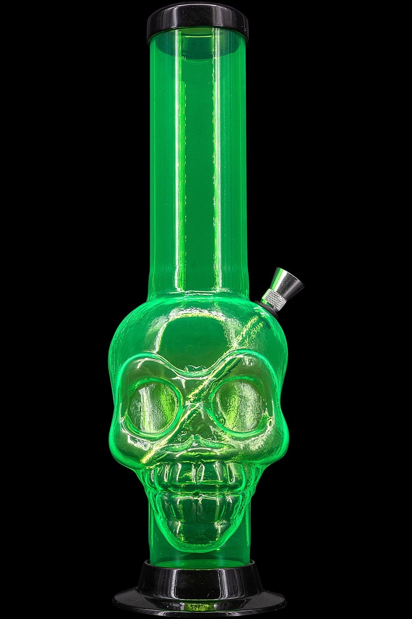 Green glass skull-shaped water pipe with glowing neon effect.
