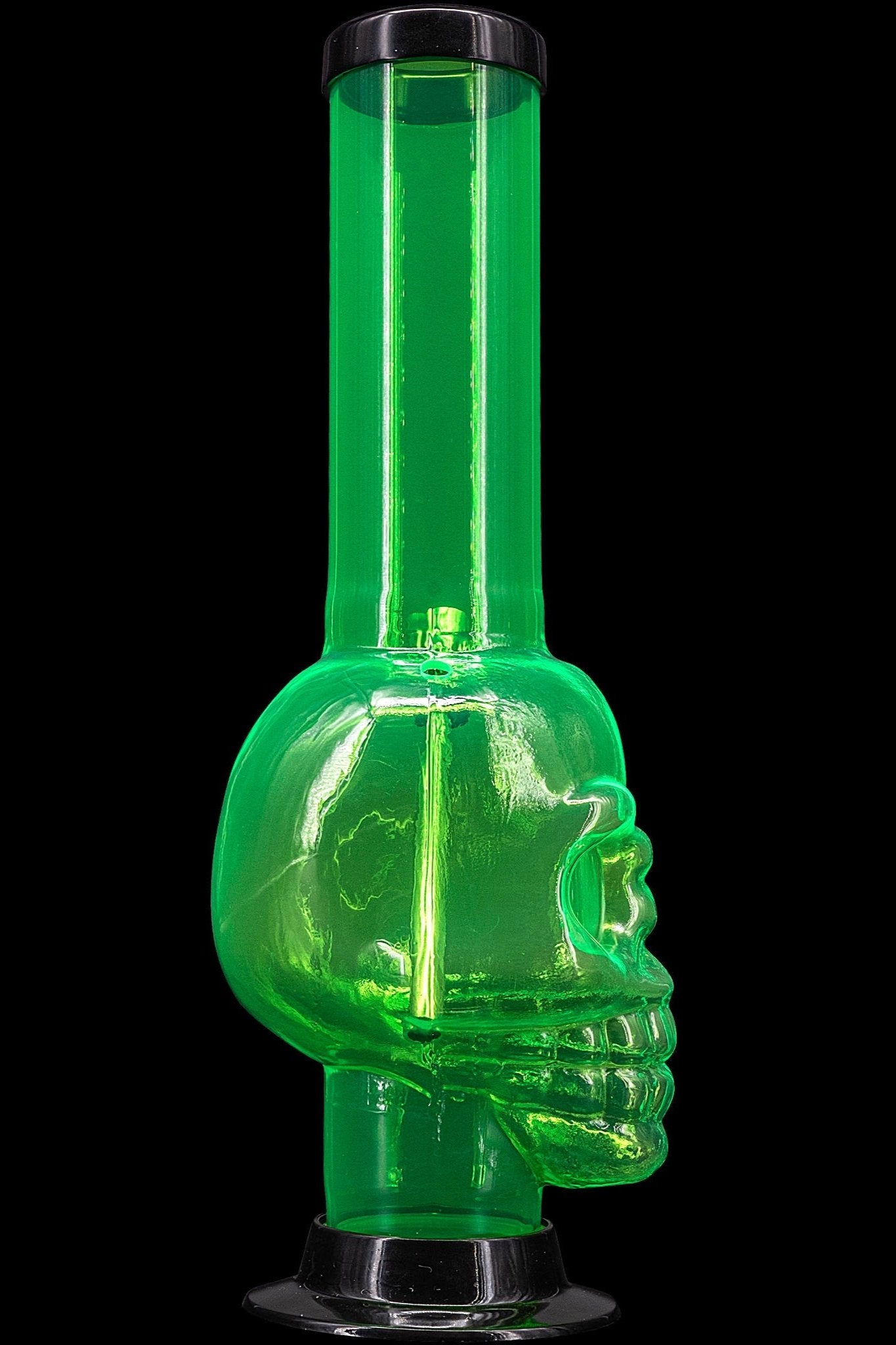 Green glass water pipe shaped like a skull.