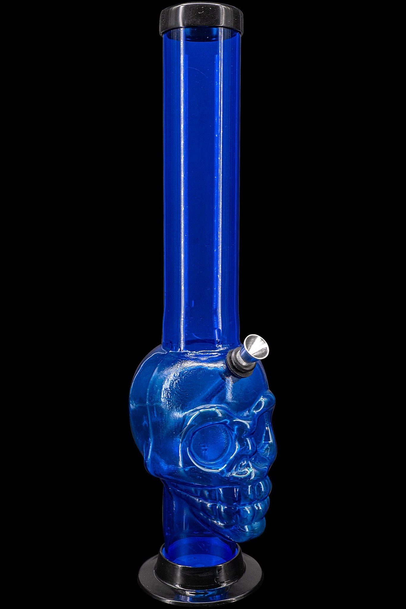 Blue glass water pipe shaped like a skull.
