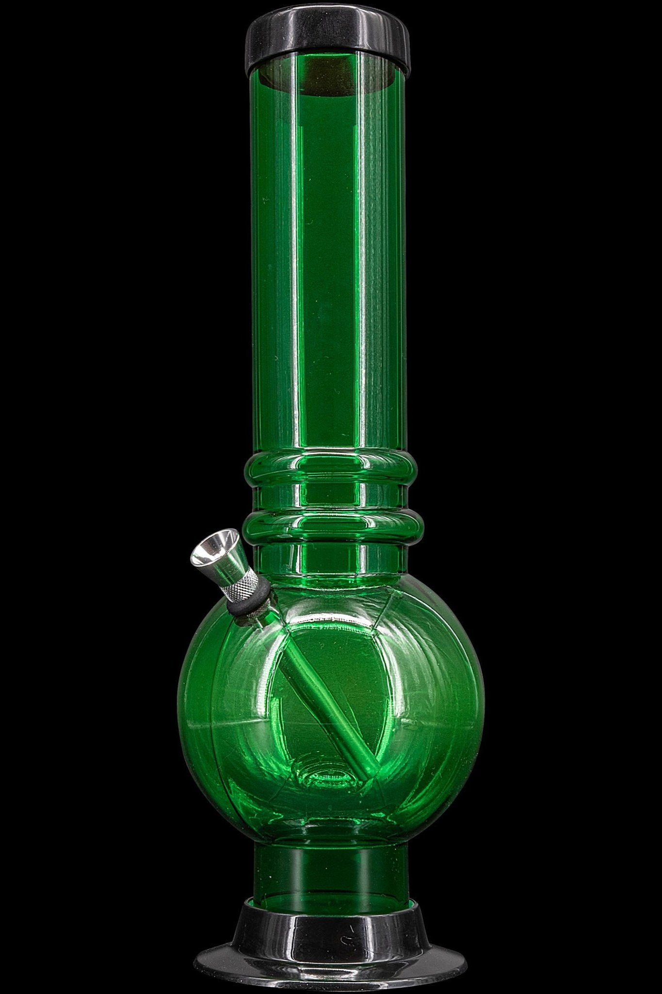 Green glass water pipe (bong) against a black background.