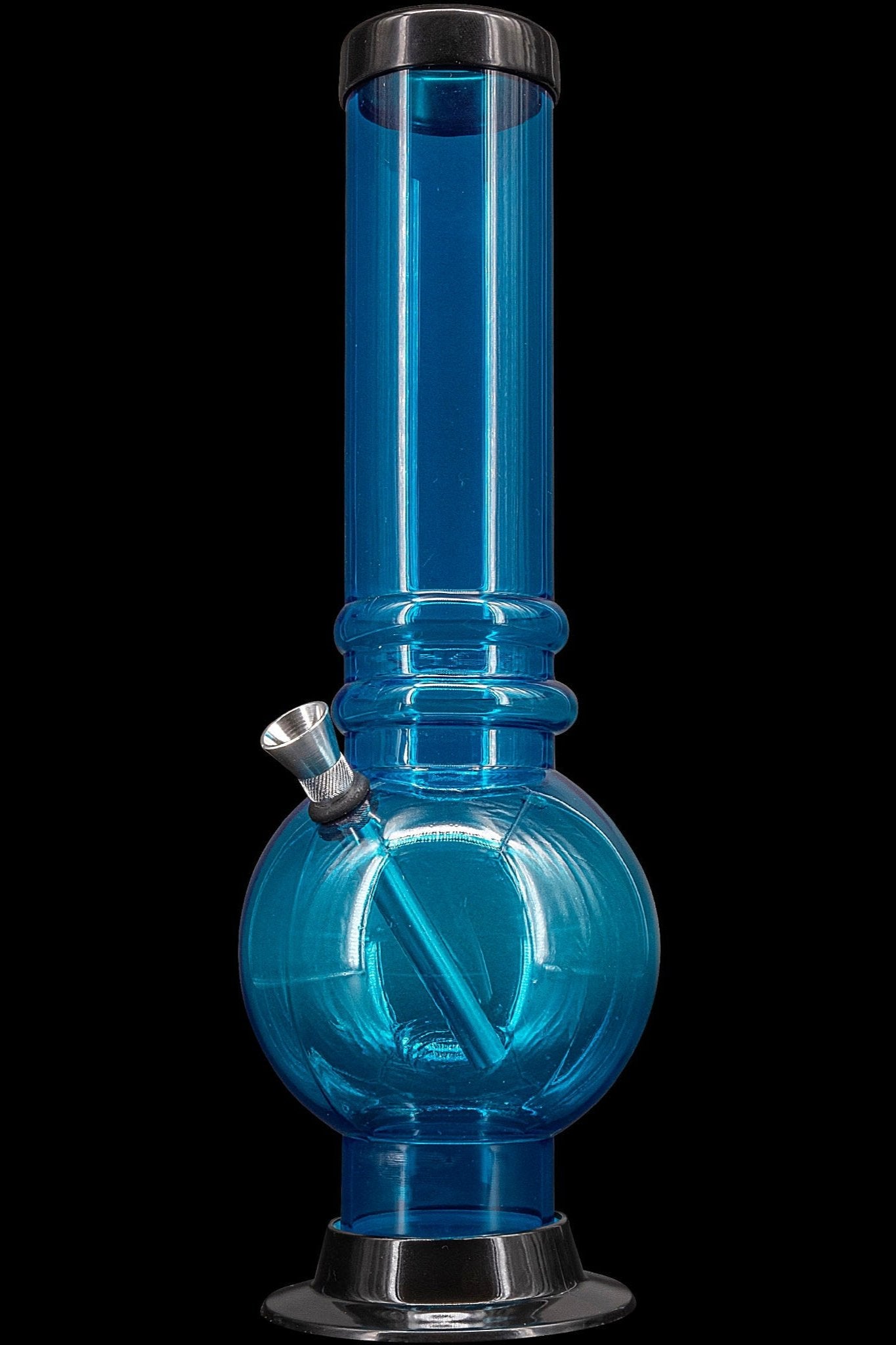 Blue glass water pipe with a flared base, commonly used for cannabis consumption.