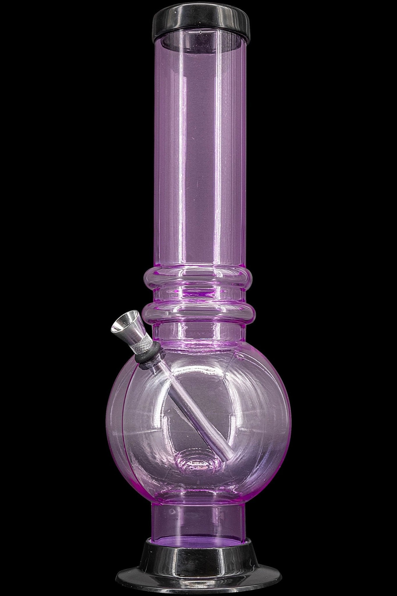 Purple glass water pipe (bong) against a black background.