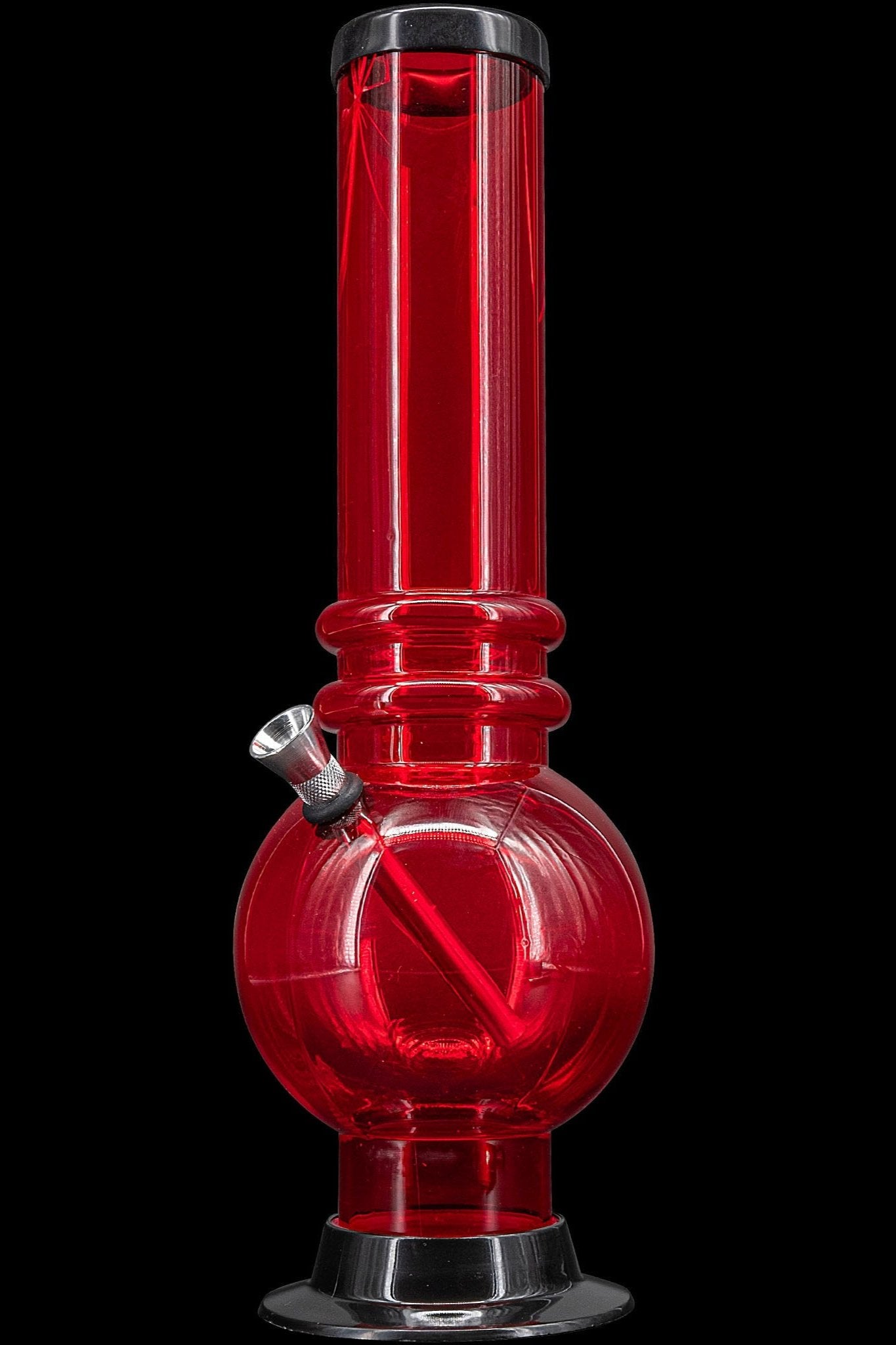 Red glass water pipe (bong) with a rounded base and cylindrical neck.