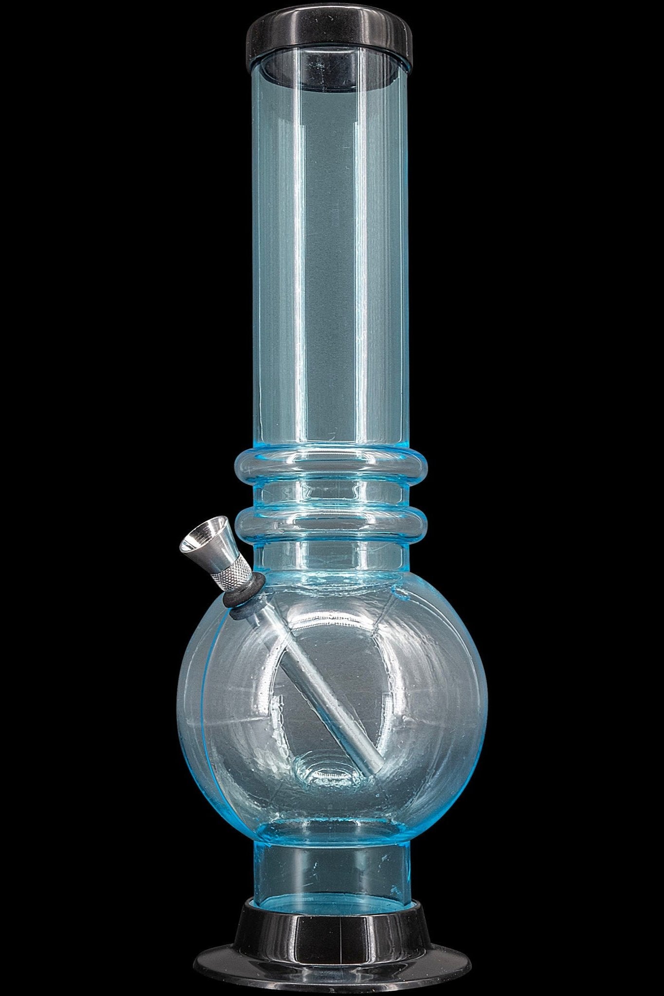Blue glass water pipe (bong) with metal downstem, isolated on black.