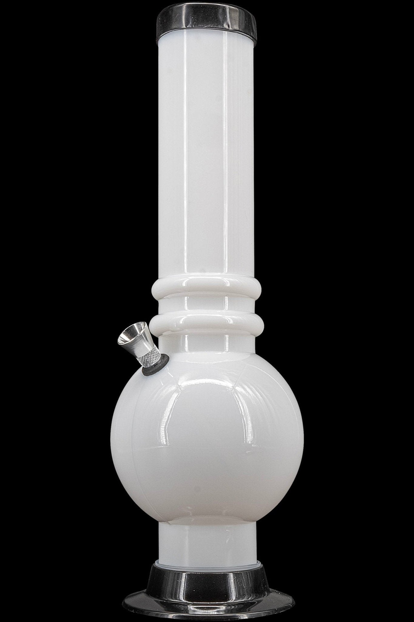 White glass water pipe (bong) with metallic accents.