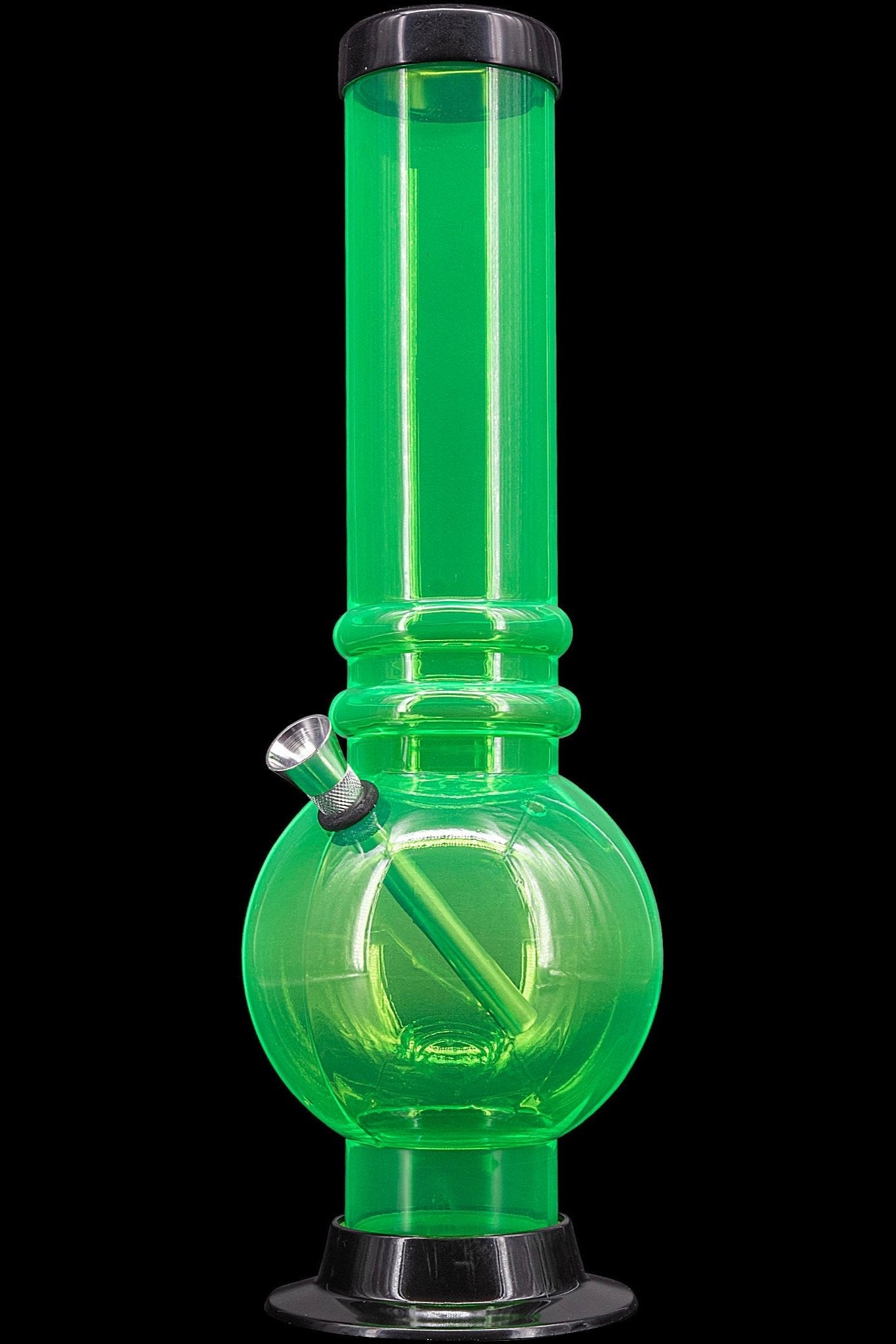 Green acrylic water pipe (bong) against a black background.