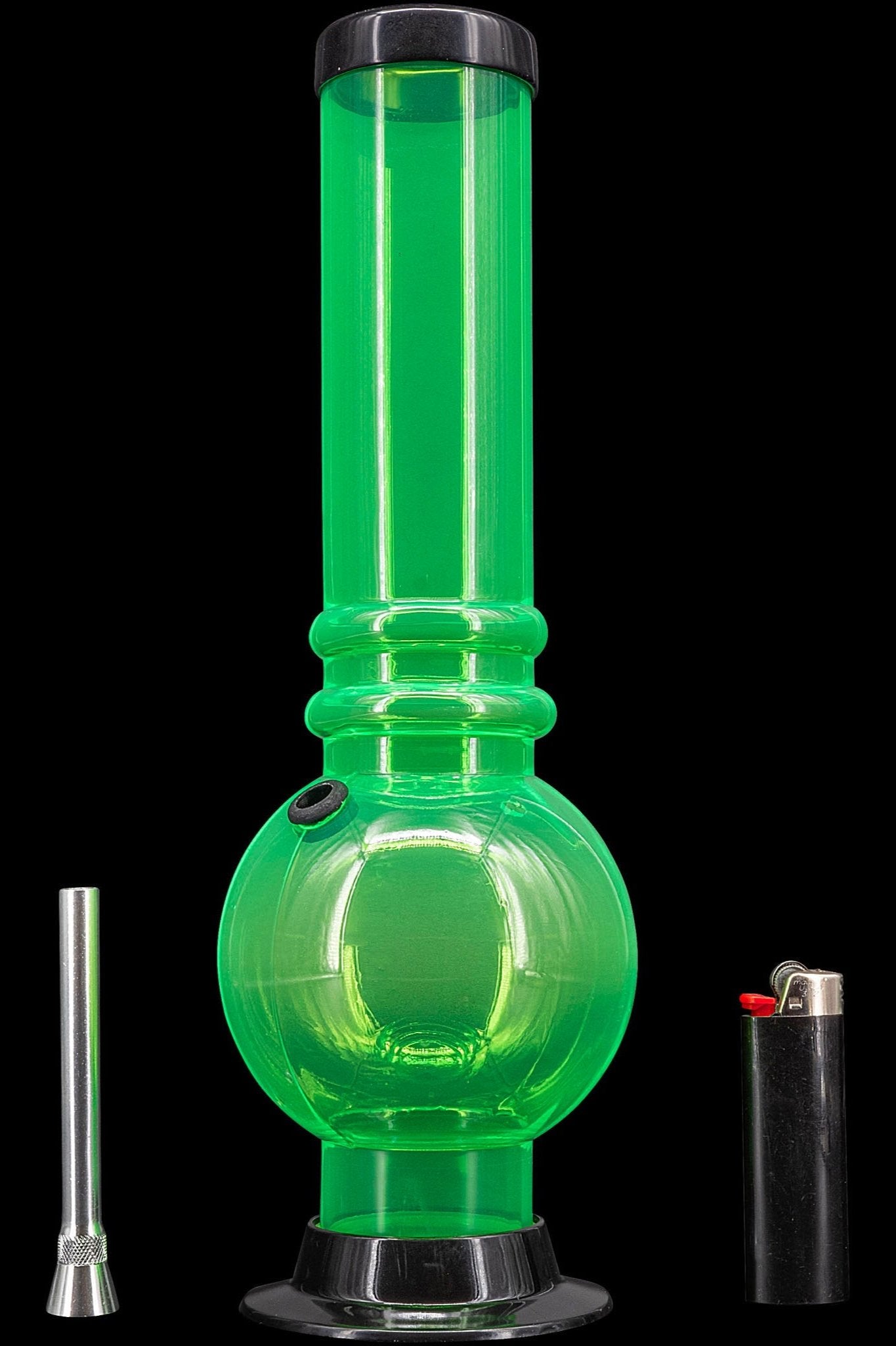 Green glass water pipe (bong) with a metal downstem and lighter beside it.