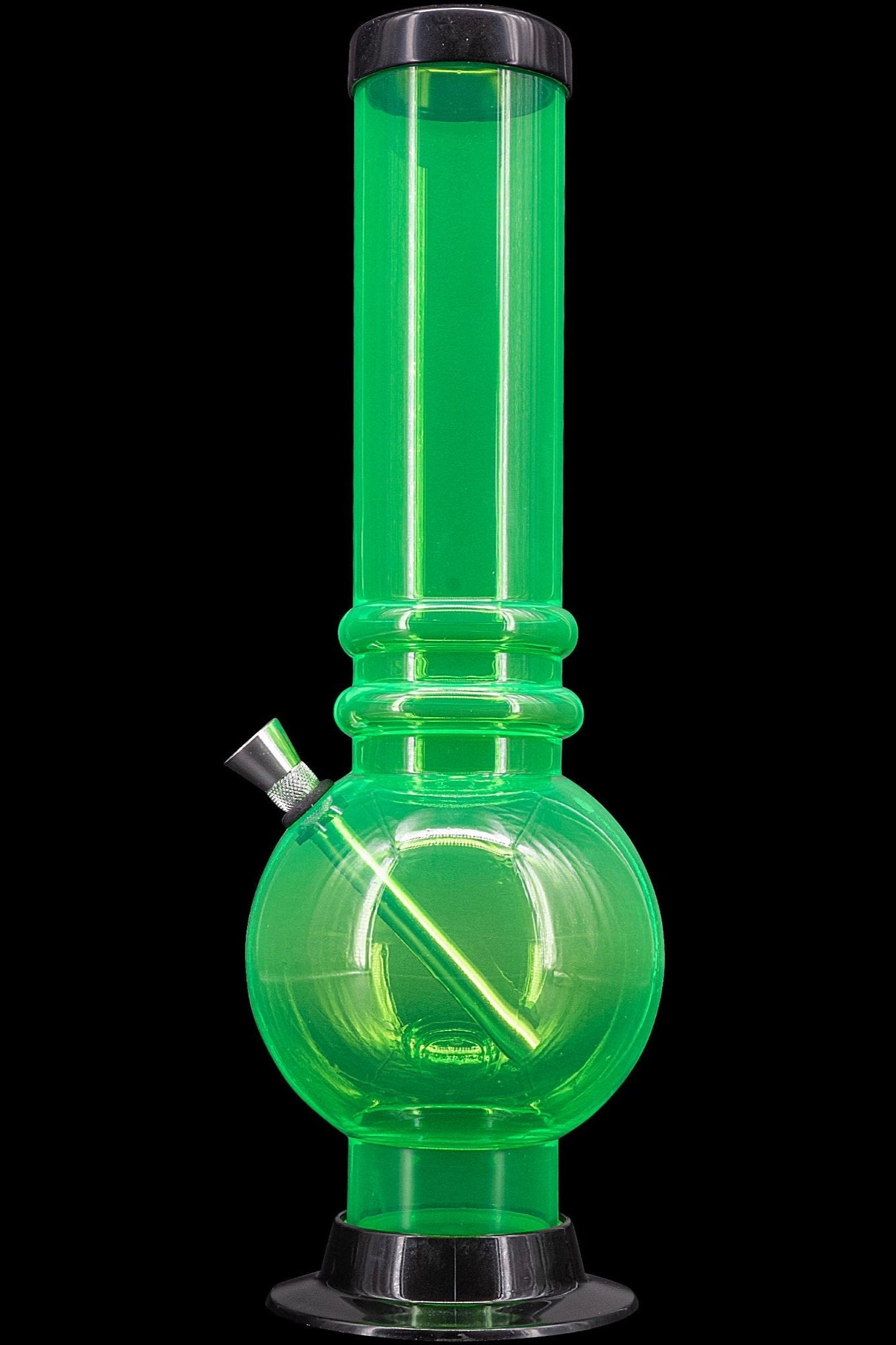 Green glass water pipe with a flared base, used for smoking cannabis.
