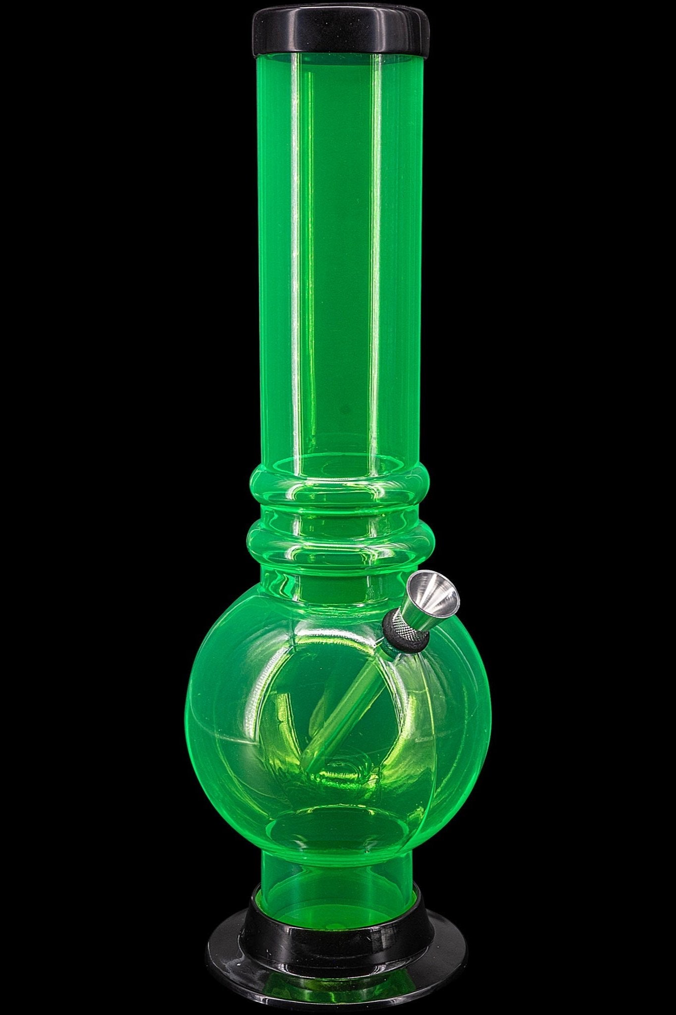 Green glass water pipe, also known as a bong, with a removable downstem.