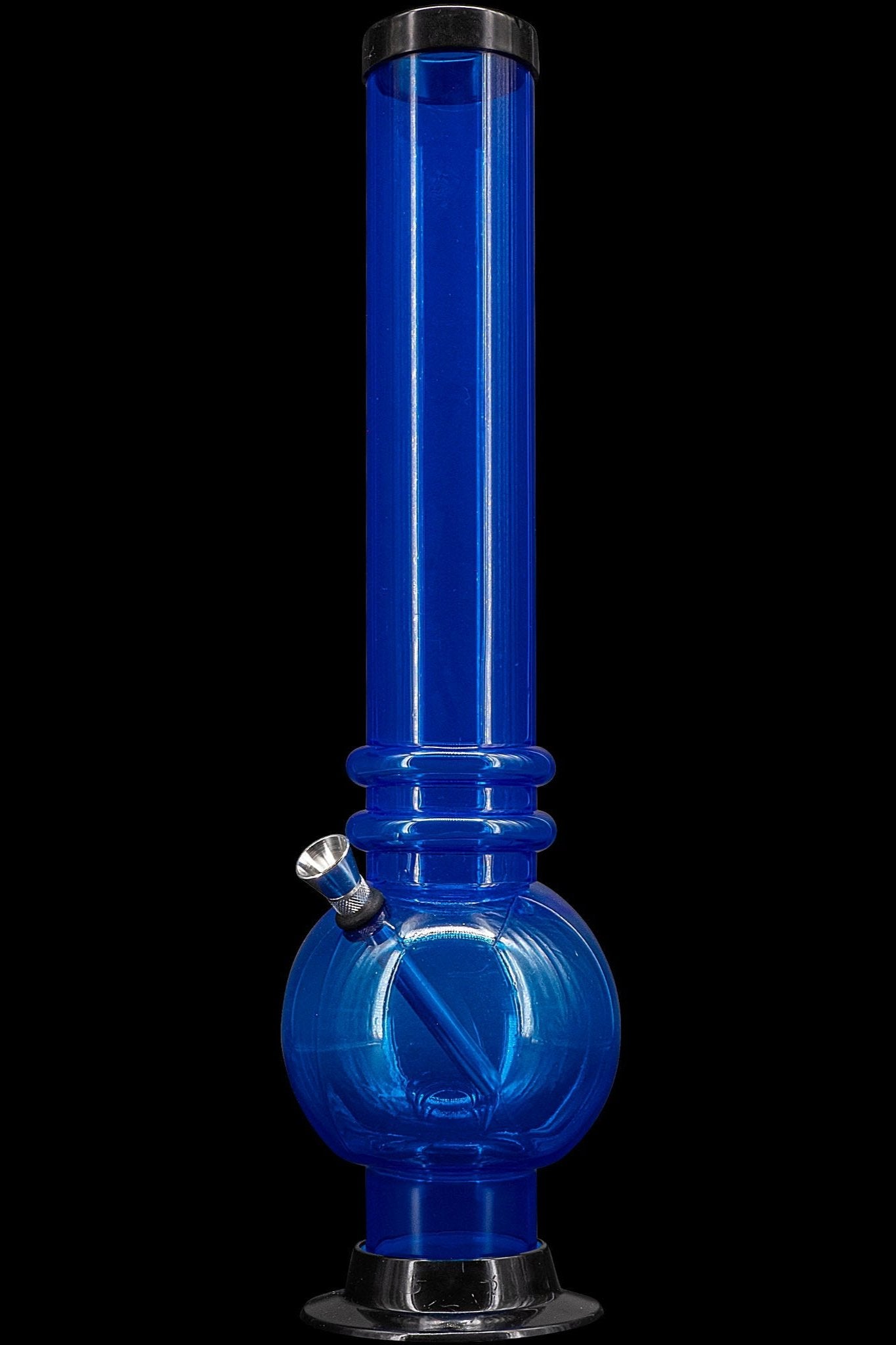 Blue glass water pipe, also known as a bong.