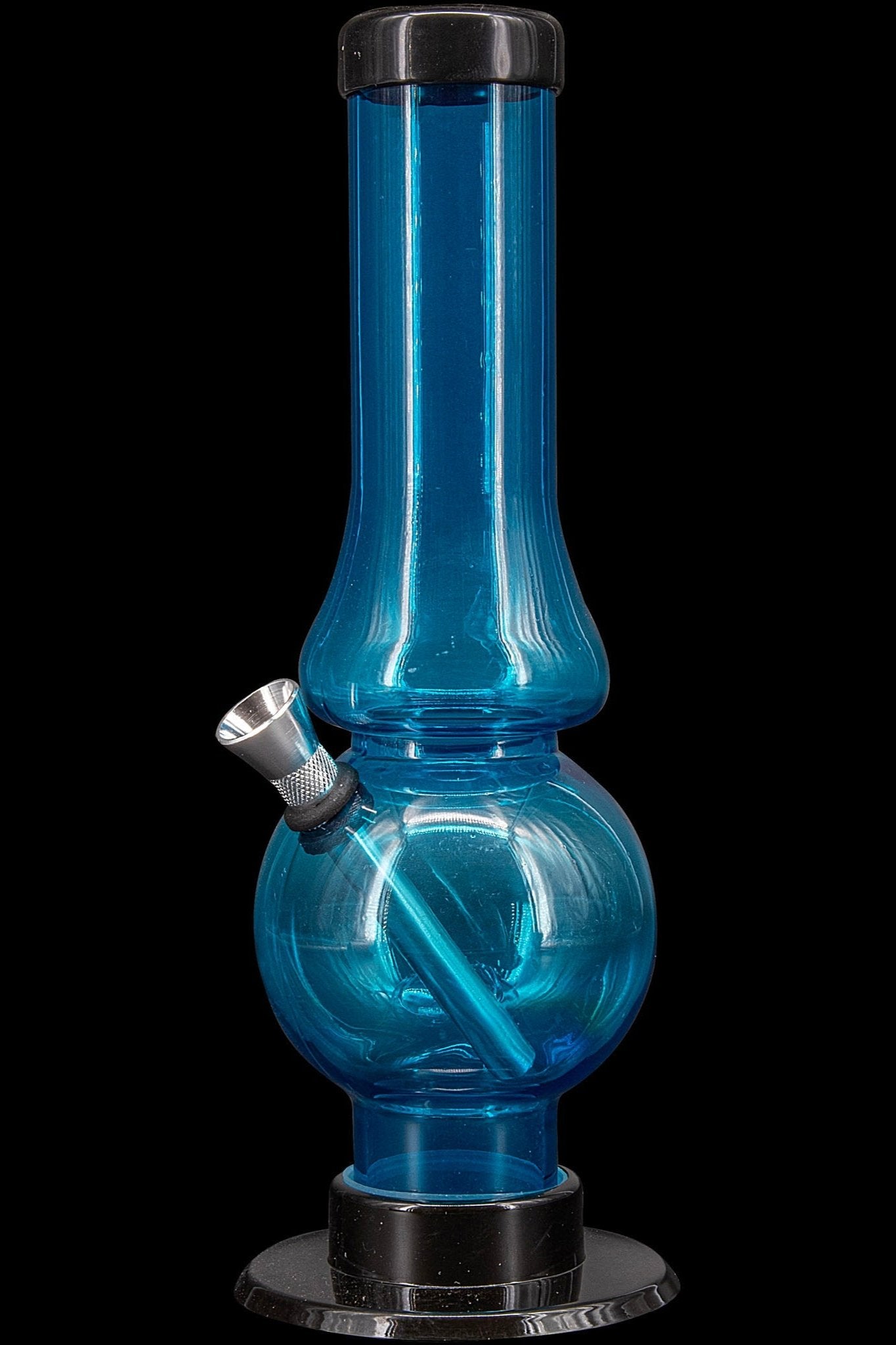 Blue glass water pipe, also known as a bong, with a metal bowl.