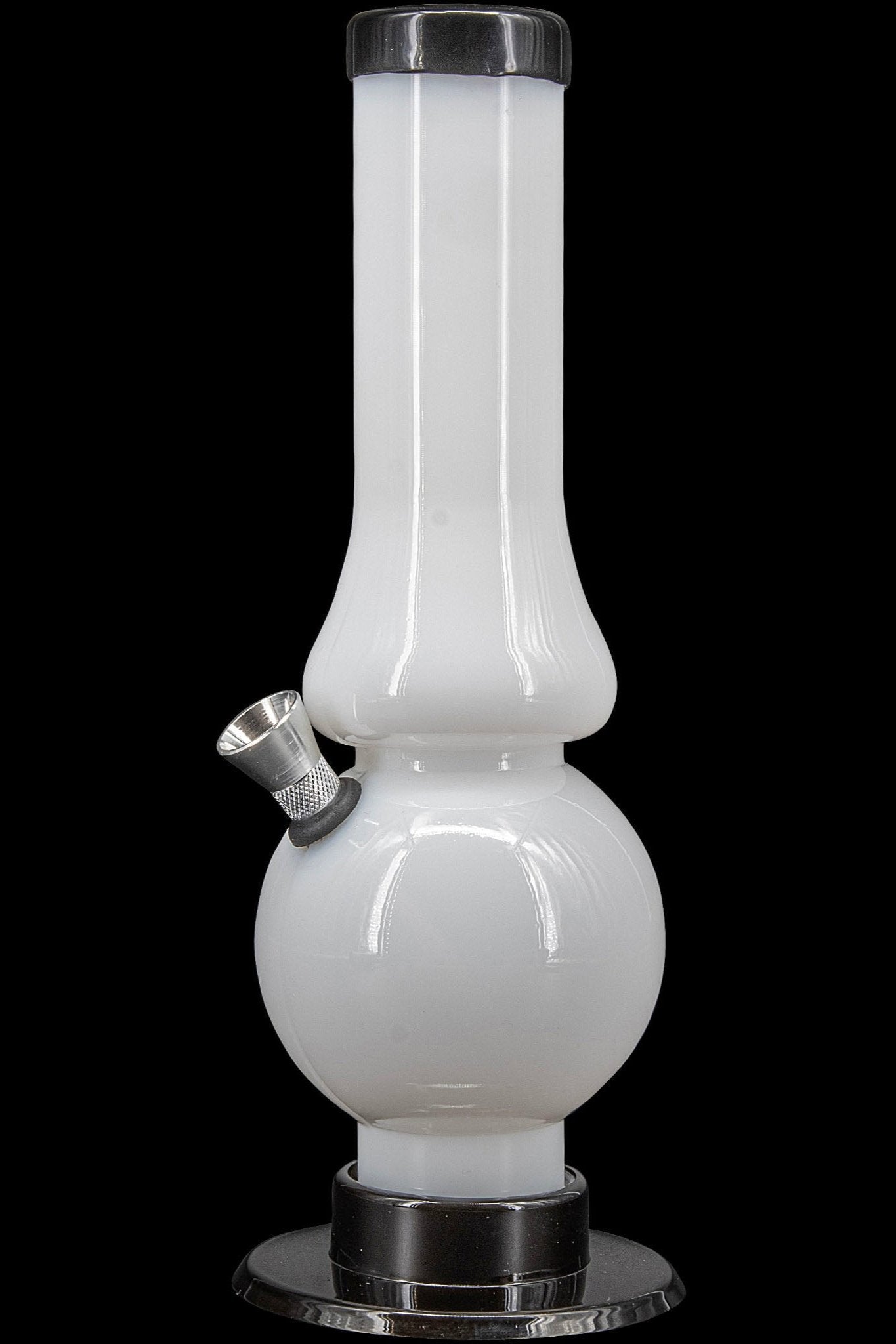 White glass water pipe (bong) with a flared base and metal mouthpiece.