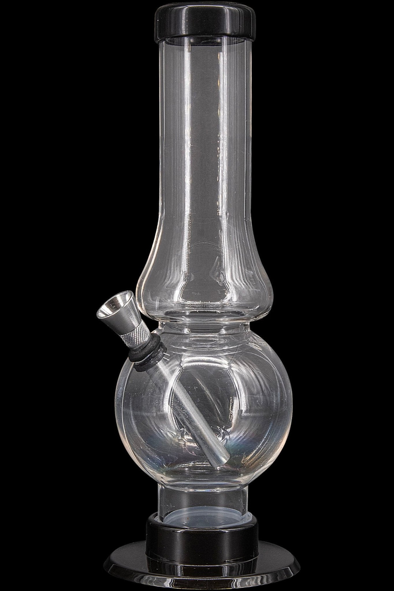 Clear glass water pipe (bong) with a downstem and base, isolated on a black background.