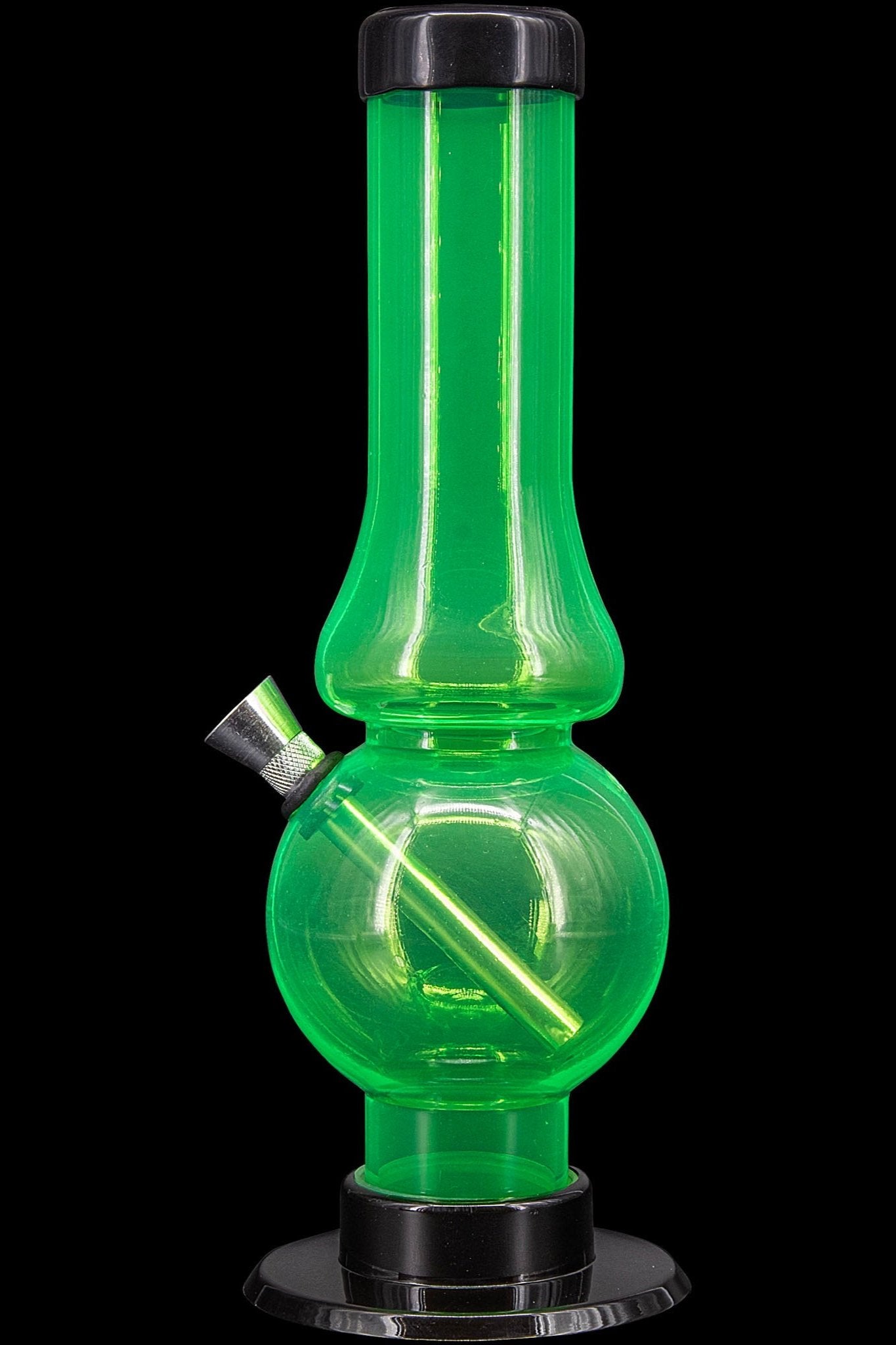 Green acrylic bubbler water pipe with a metal mouthpiece, isolated on a black background.