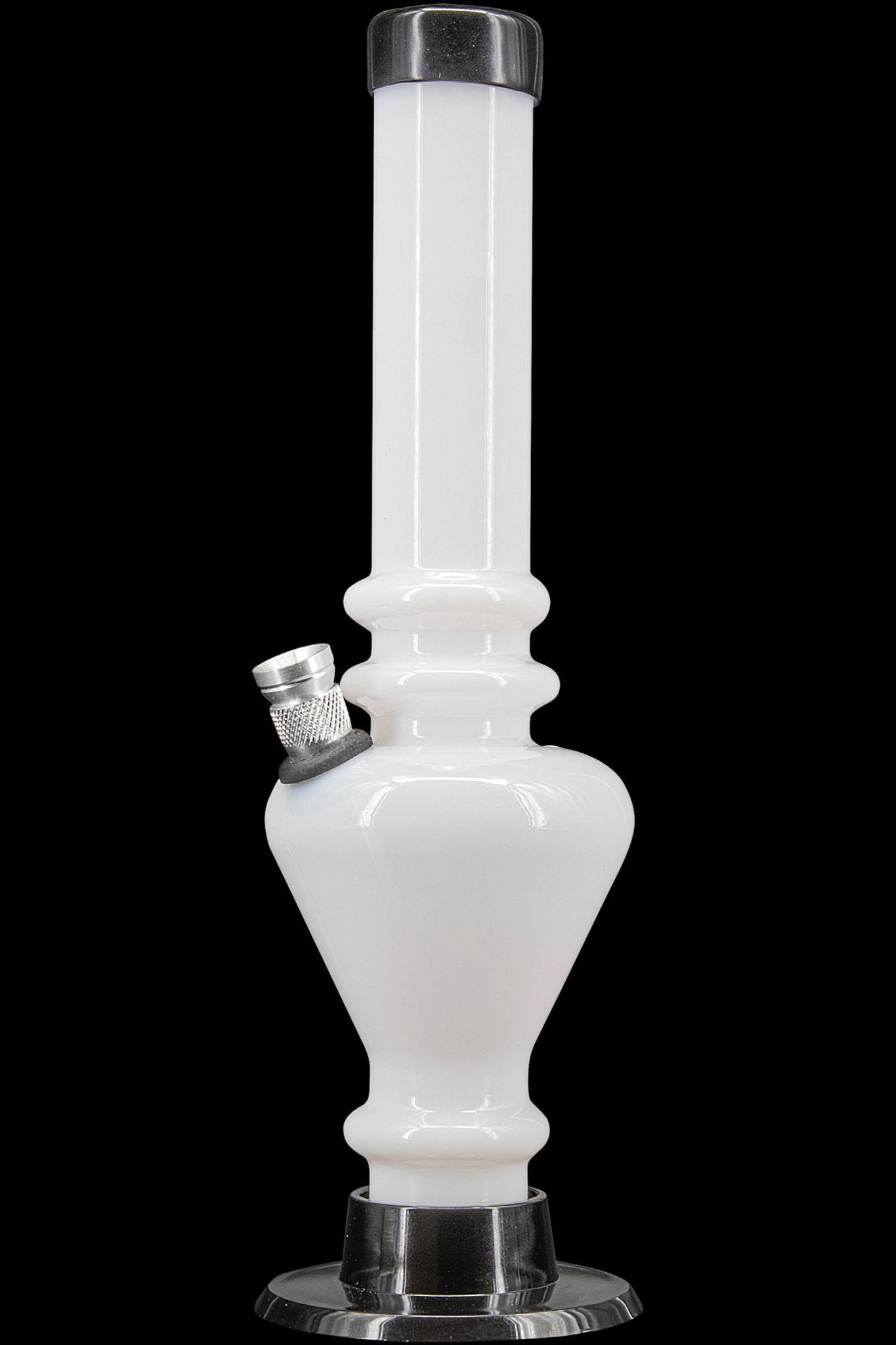 White glass water pipe (bong) with a flared base and metal accents.