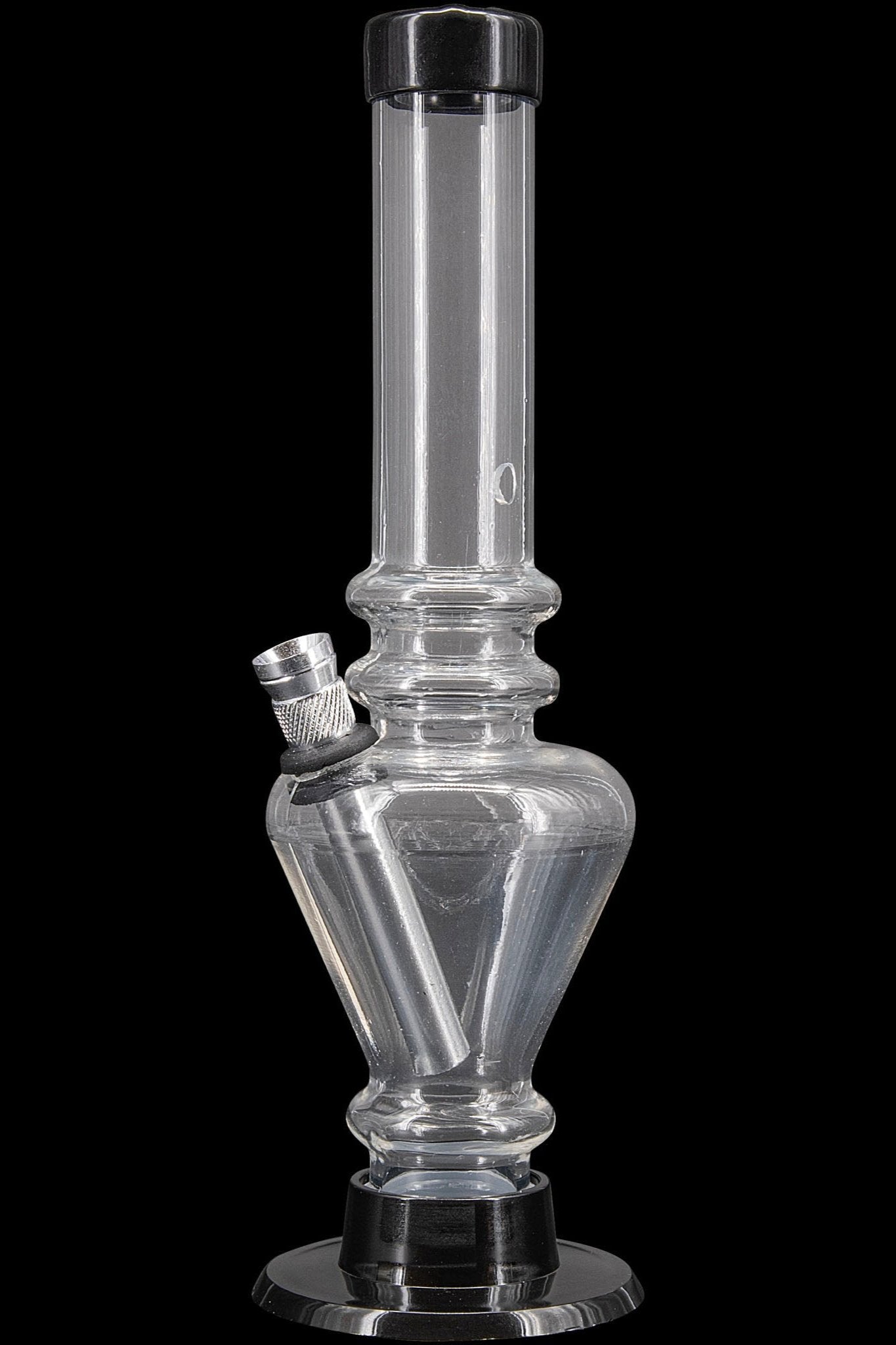 Clear glass bong with black accents, isolated on a black background.
