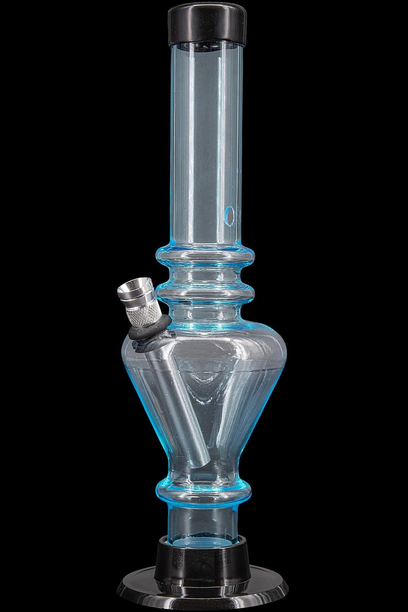 Glass water pipe (bong) with blue accents, isolated on a black background.