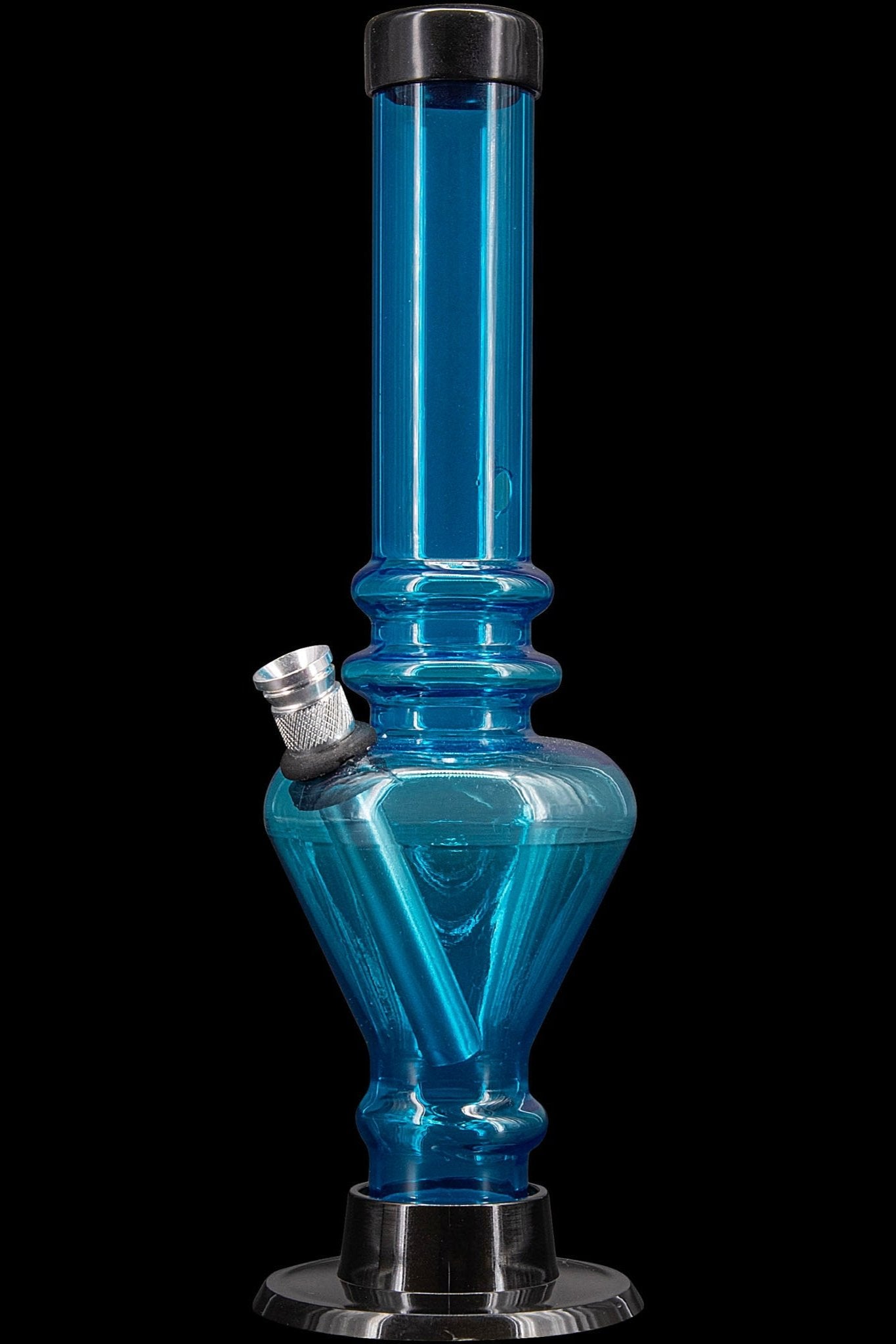 Blue glass water pipe (bong) with a flared base and metal downstem.
